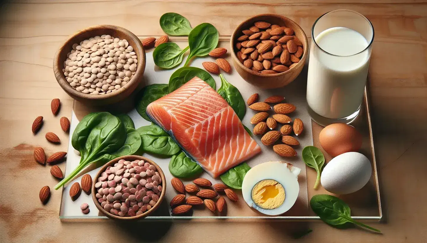 Variedad de alimentos ricos en proteínas sobre mesa de madera, incluyendo filete de salmón rosado, almendras, lentejas, huevo cocido, pechuga de pollo y hojas de espinaca fresca, con un vaso de leche.