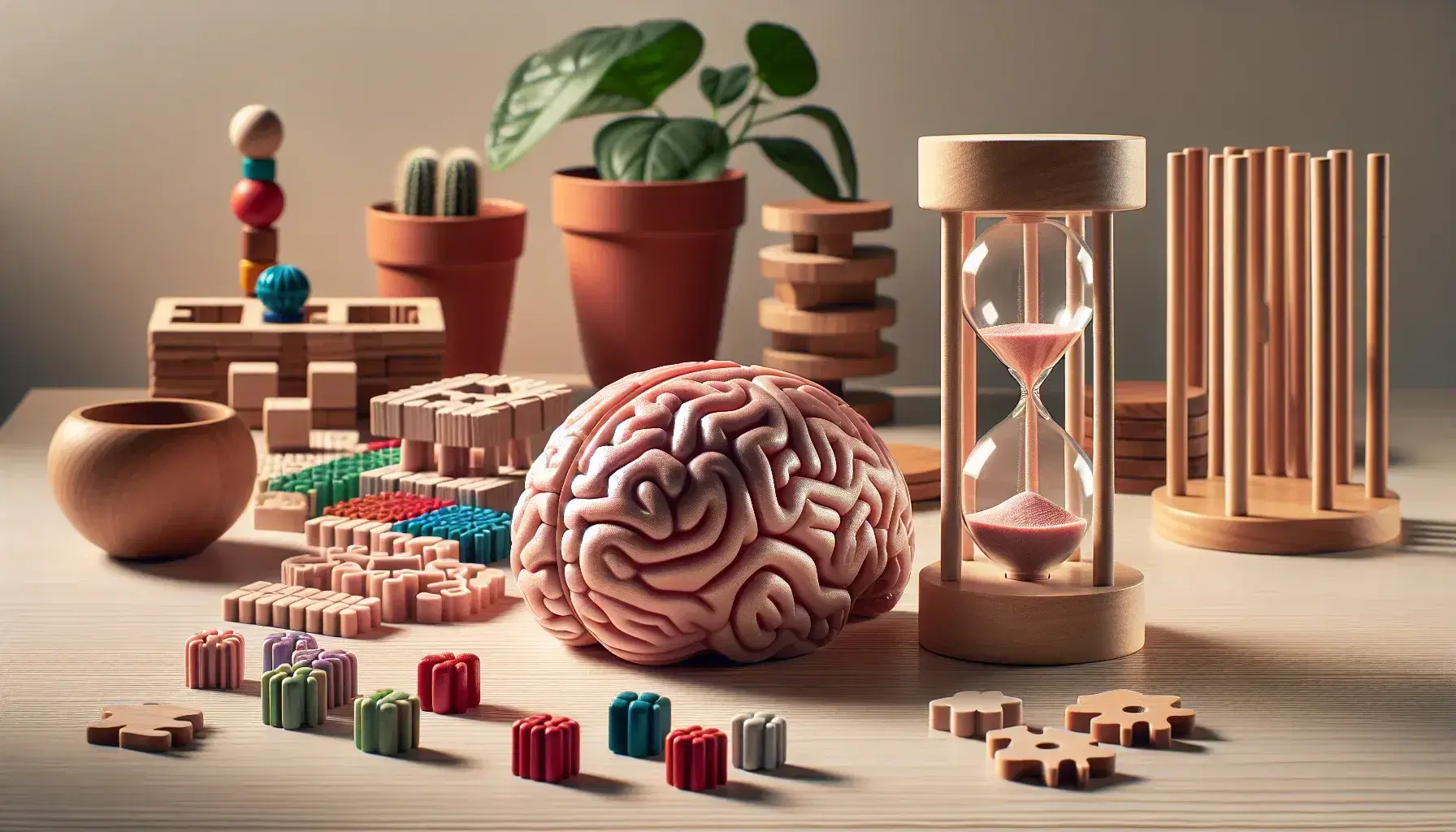 Maqueta detallada de cerebro humano en tonos rosas y rojos, rompecabezas esférico parcialmente armado, reloj de arena con arena clara y planta en maceta con bloques de madera al fondo.