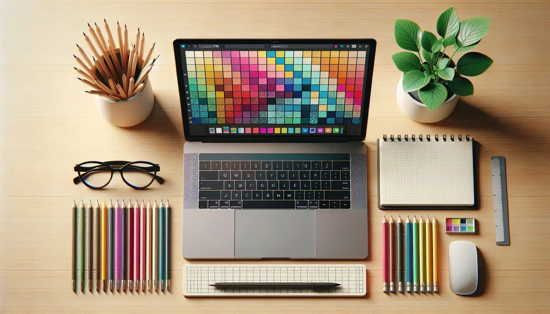 Organized desk with open laptop showing colorful tile grid, cup with pens, green plant and glasses on notebook.
