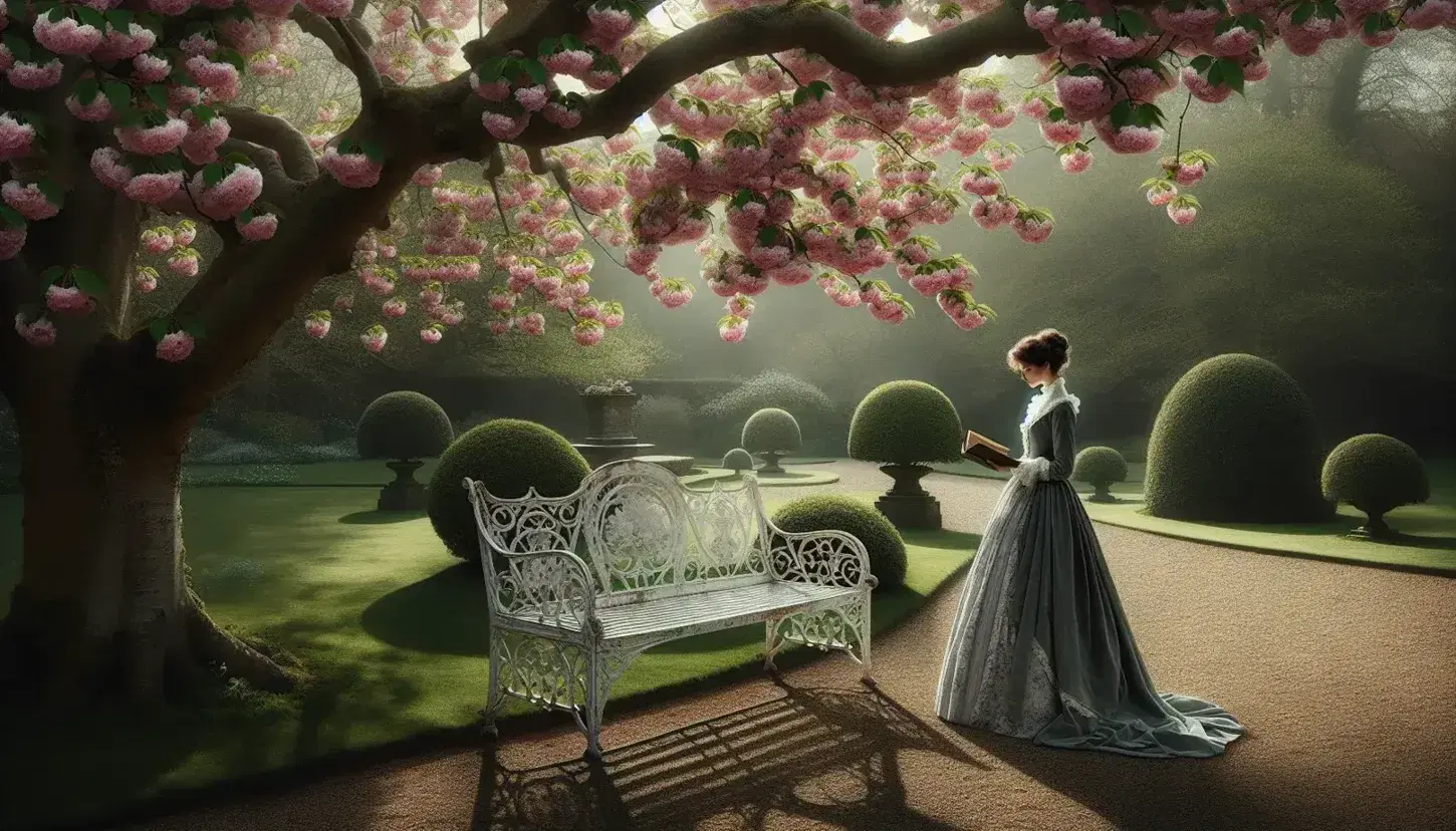 Victorian-era garden with a flaking white wrought iron bench, pink cherry blossoms, a woman in period attire reading, and a meandering gravel path.