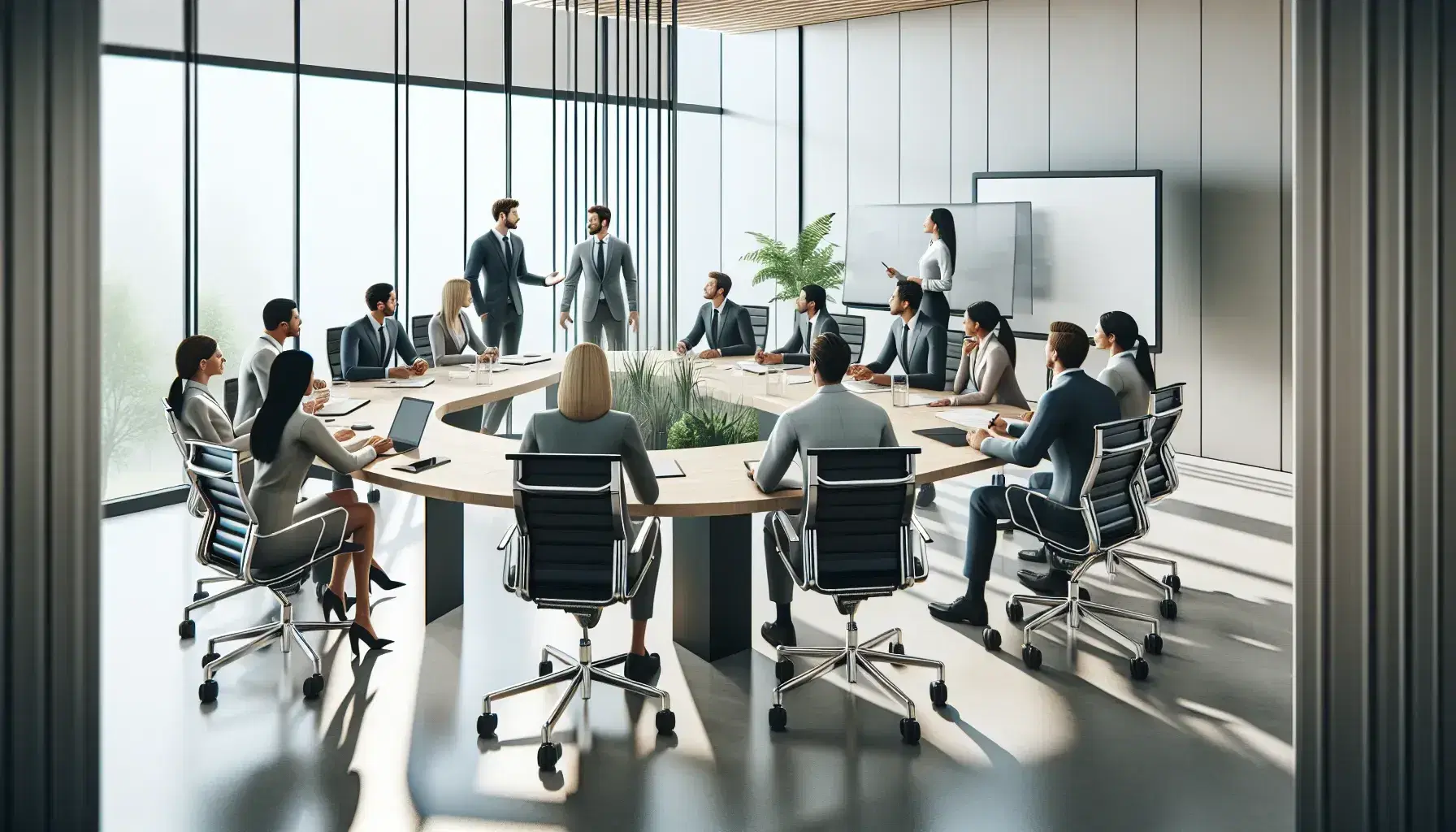 Diverse professionals engage in a meeting around an oval wood table in a bright, modern office with ergonomic chairs and a glass whiteboard.