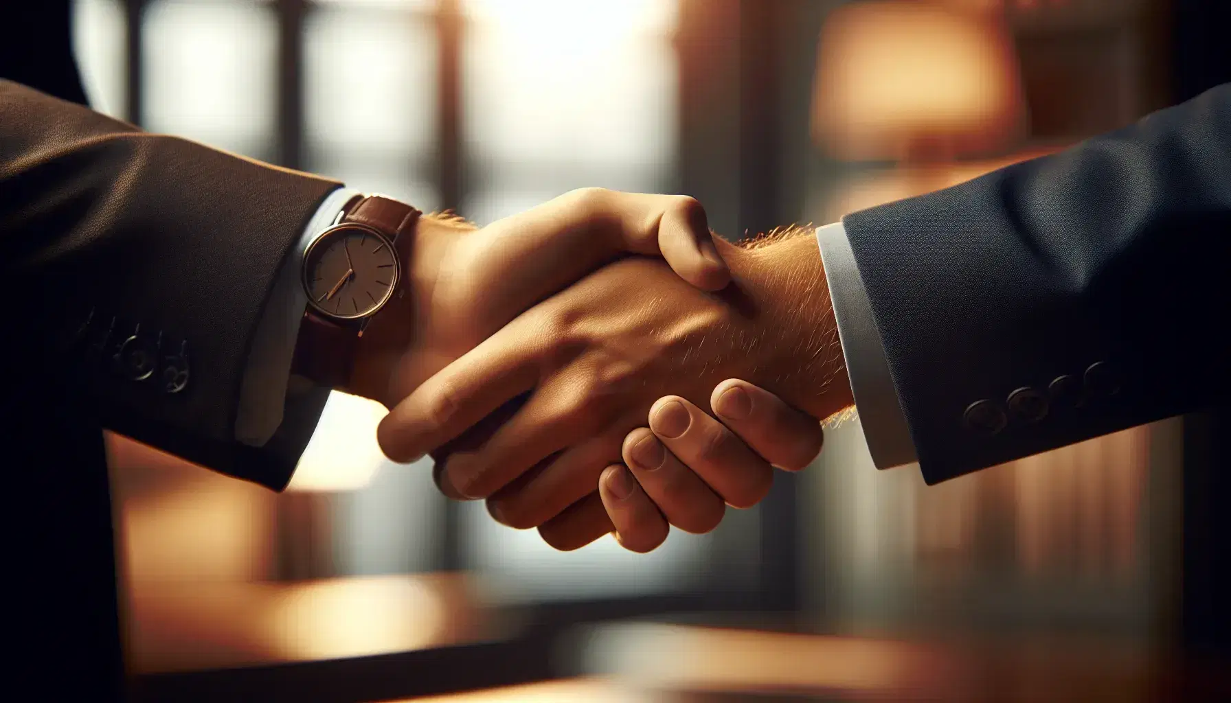 Close-up handshake between two professionals with one wearing a dark suit and the other a light-colored sleeve, symbolizing agreement in a warm office setting.