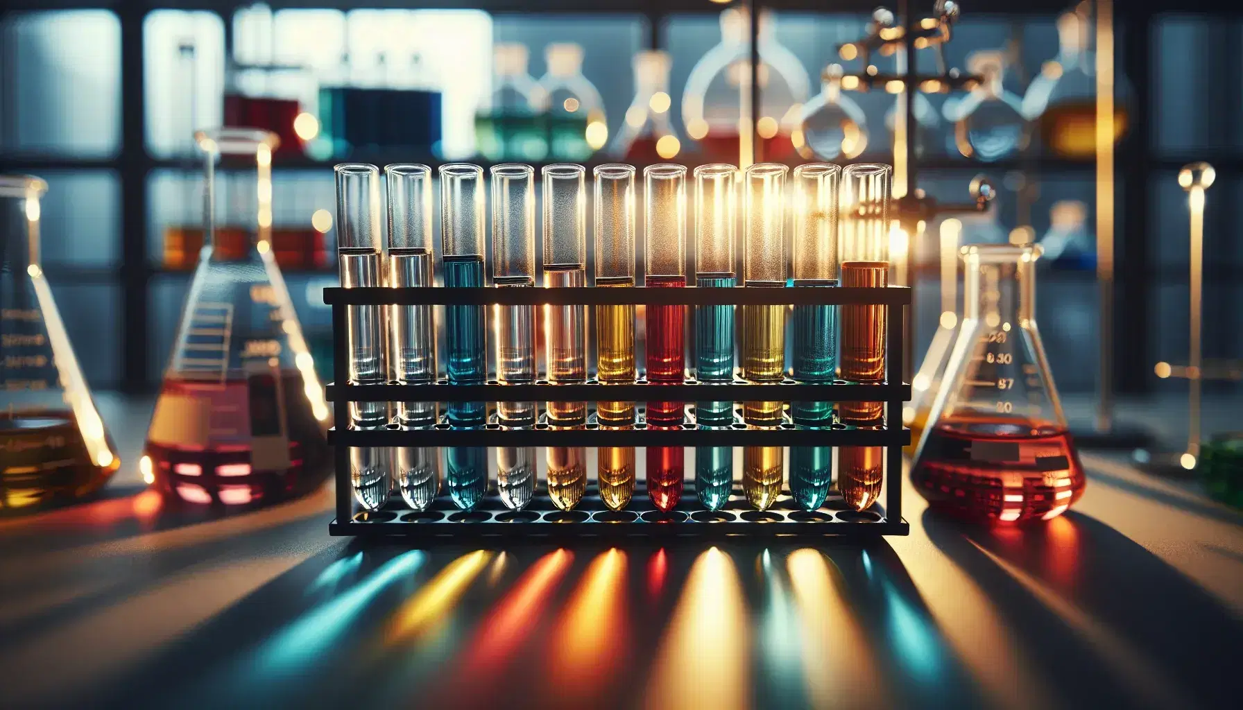 Tubos de ensayo de vidrio con líquidos de colores variados en soporte metálico, reflejando la luz en un laboratorio, con instrumentos desenfocados al fondo.