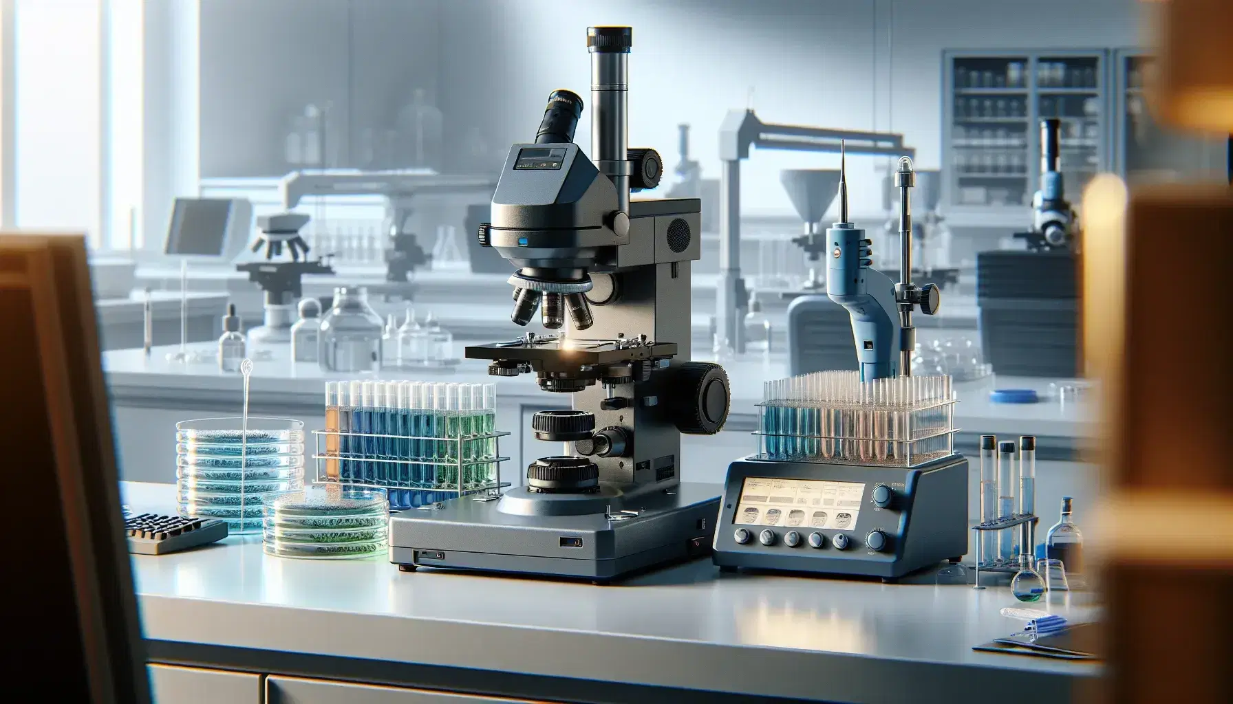 Microscopio elettronico grigio scuro su tavolo da laboratorio con provette colorate, pipetta automatica blu e piastre di Petri, in ambiente pulito e illuminato.