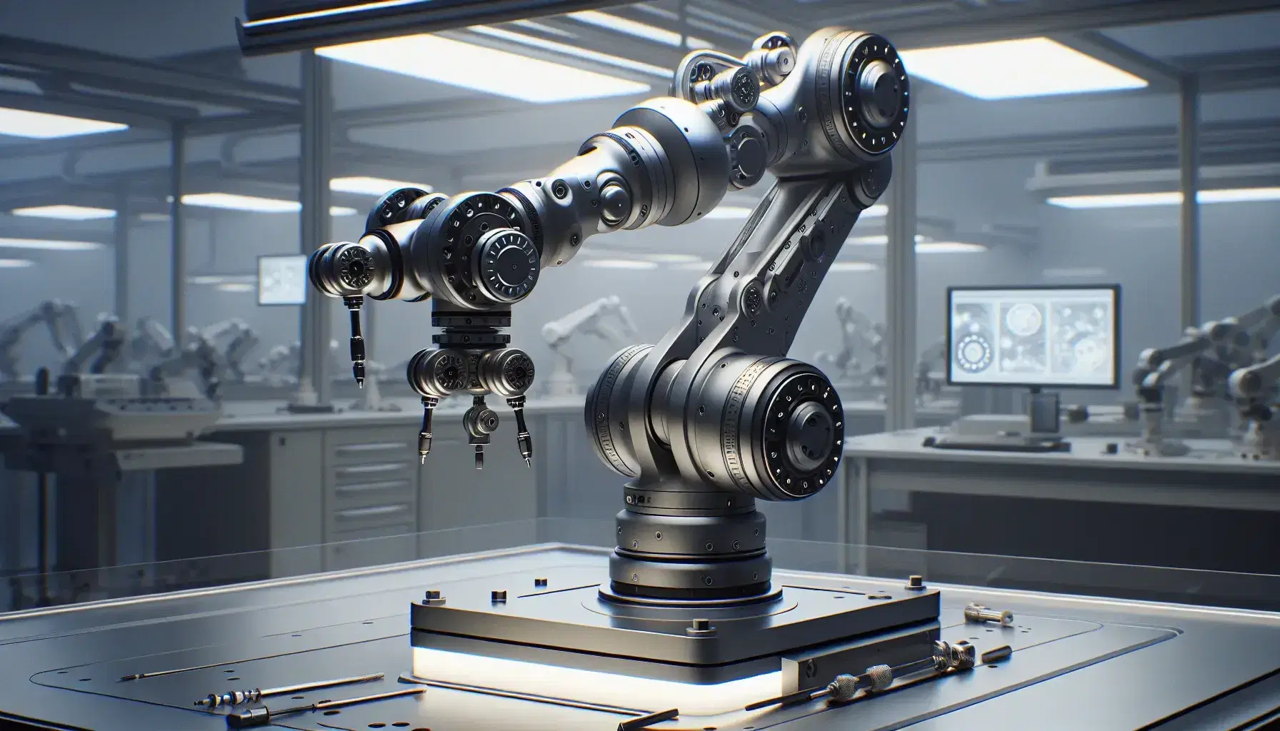 Articulated robotic arm on laboratory workbench, with multi-finger gripper ready to manipulate various mechanical components.