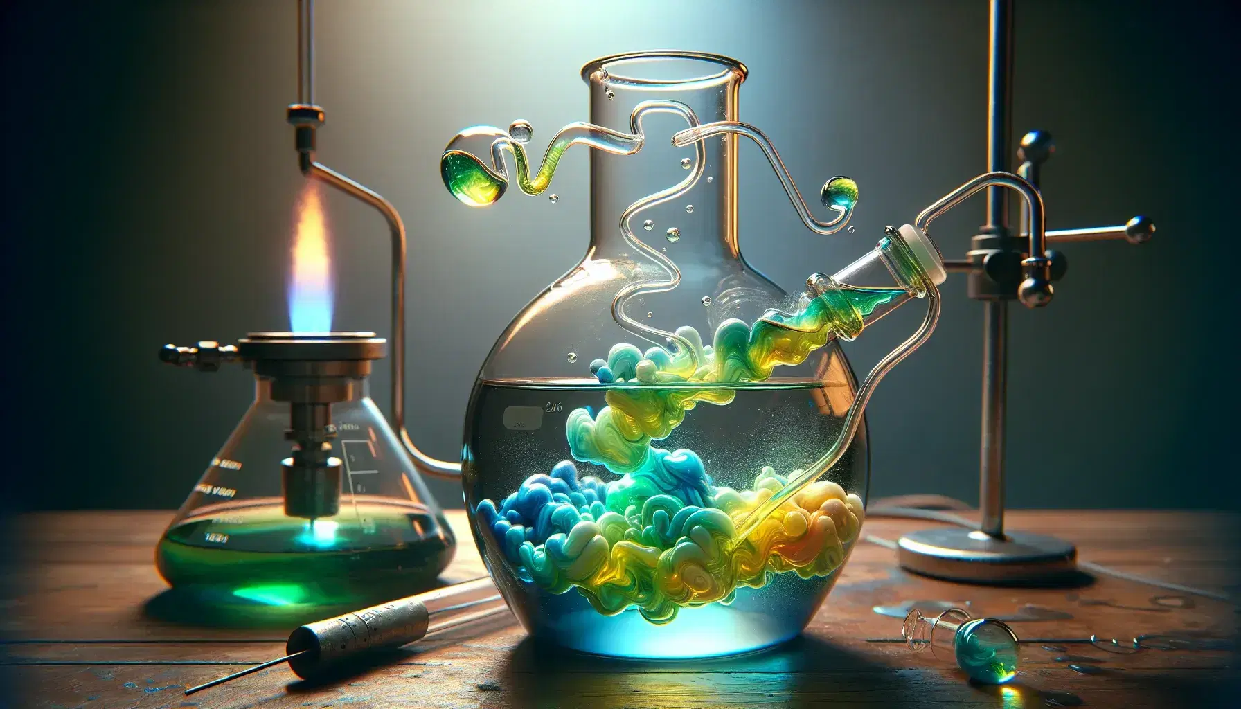 Glass flask on laboratory bench with colorful chemical reaction, blue and yellow liquids forming green, Bunsen burner beside.