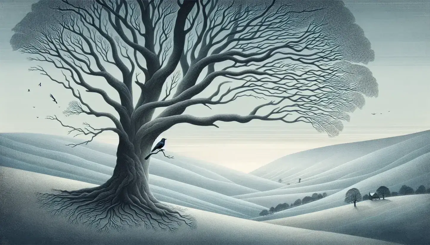 Tranquil winter landscape with a leafless tree and a solitary blackbird on a branch, set against a snowy hill backdrop and a gradient blue-gray sky.