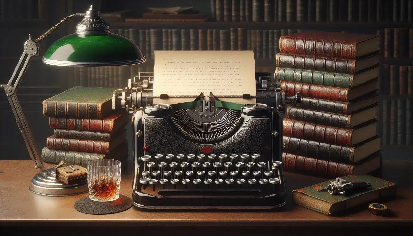 Vintage typewriter with blank paper on a wooden desk, flanked by leather-bound books and a banker's lamp, with a glass of amber liquid to the side.
