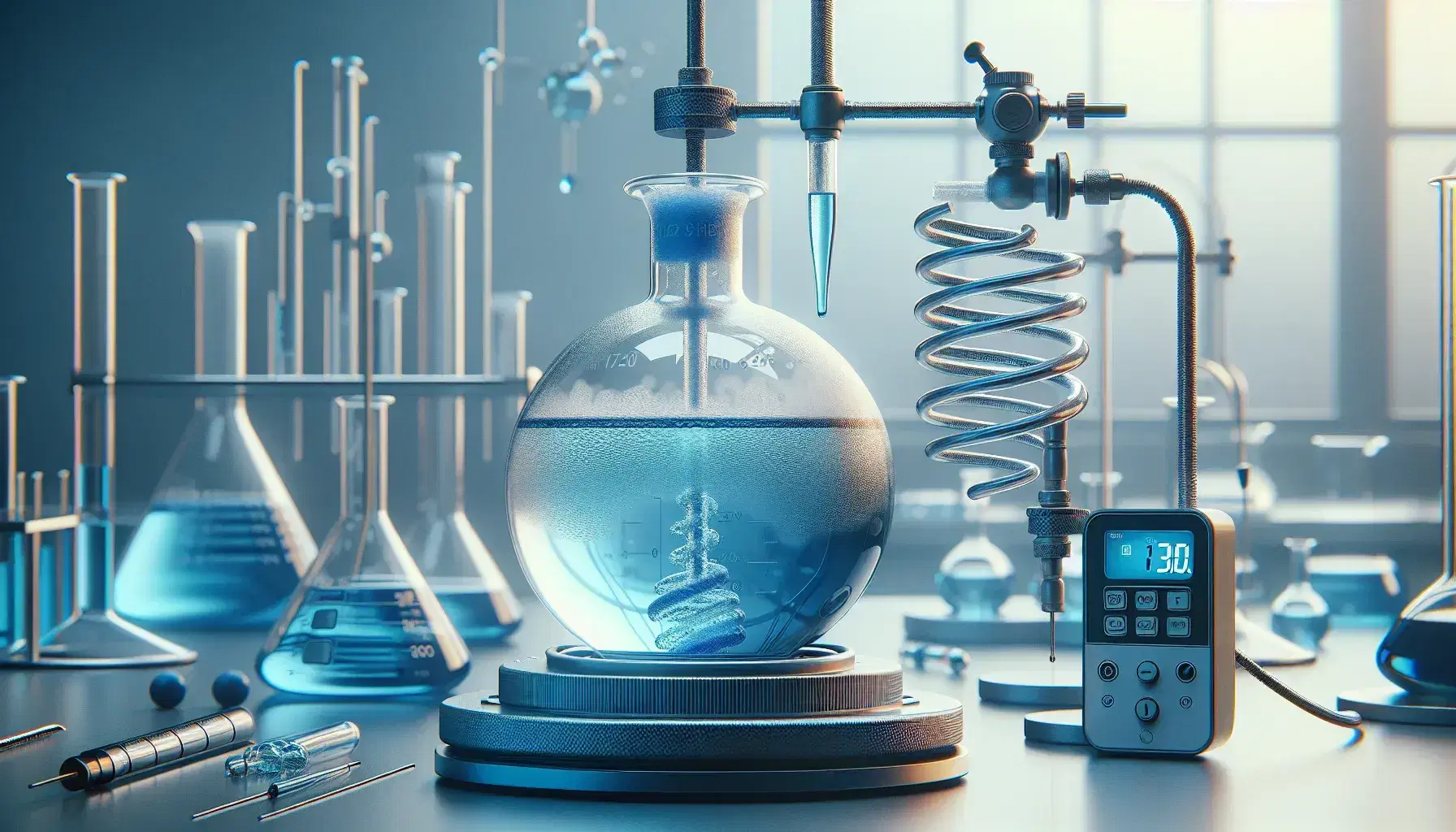 Laboratory with round flask containing blue liquid on Bunsen heater, reflux condenser and digital thermometer, assorted glassware in background.