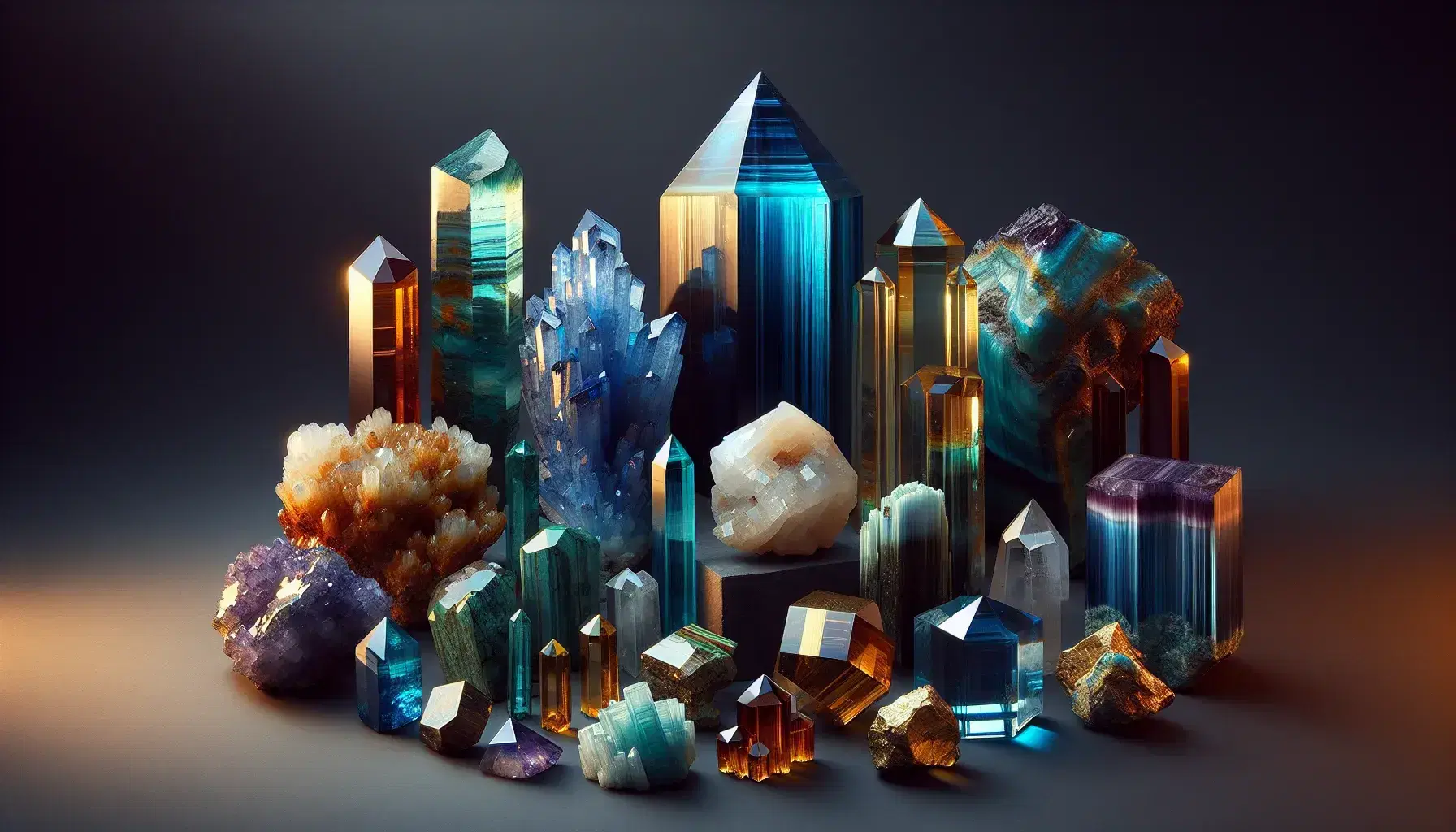 Collection of colorful minerals on a black background, with crystals of blue azurite, translucent quartz, yellow pyrite, green malachite and red-orange garnet.