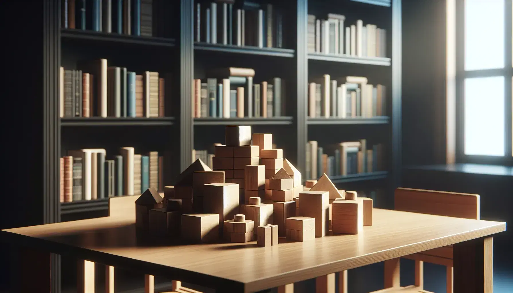 Biblioteca iluminada con estantes de madera oscura y libros variados, mesa con bloques de construcción de madera en primer plano y sombras suaves proyectadas por la luz de la ventana.