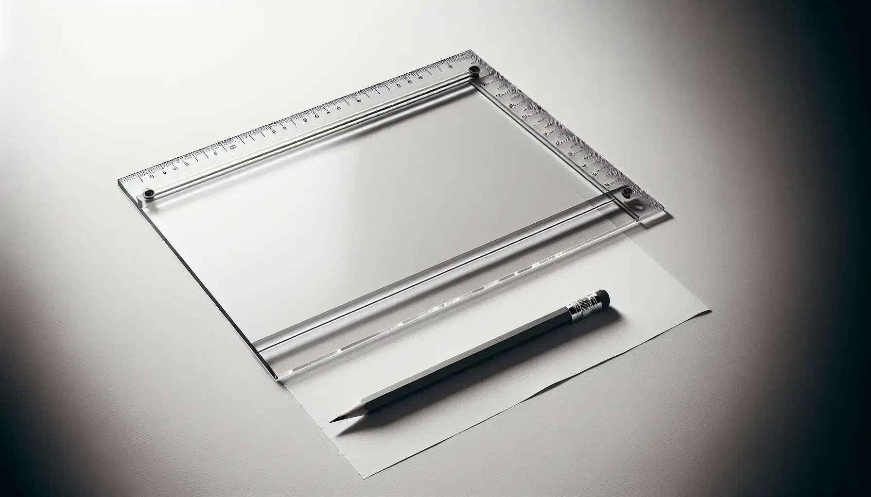 Transparent acrylic ruler and mechanical pencil on white surface beside paper with a straight graphite line, indicating precision drawing tools.