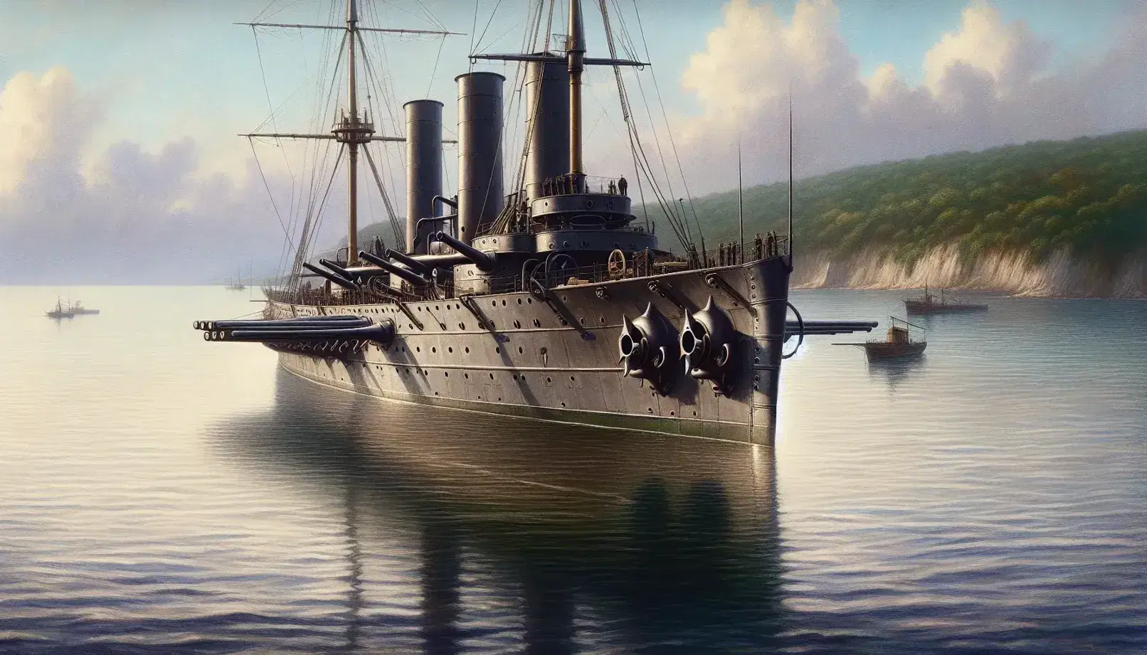 Early 20th century gunboat anchored in calm seas with visible turrets, off a tropical coast with thick vegetation and blue skies.