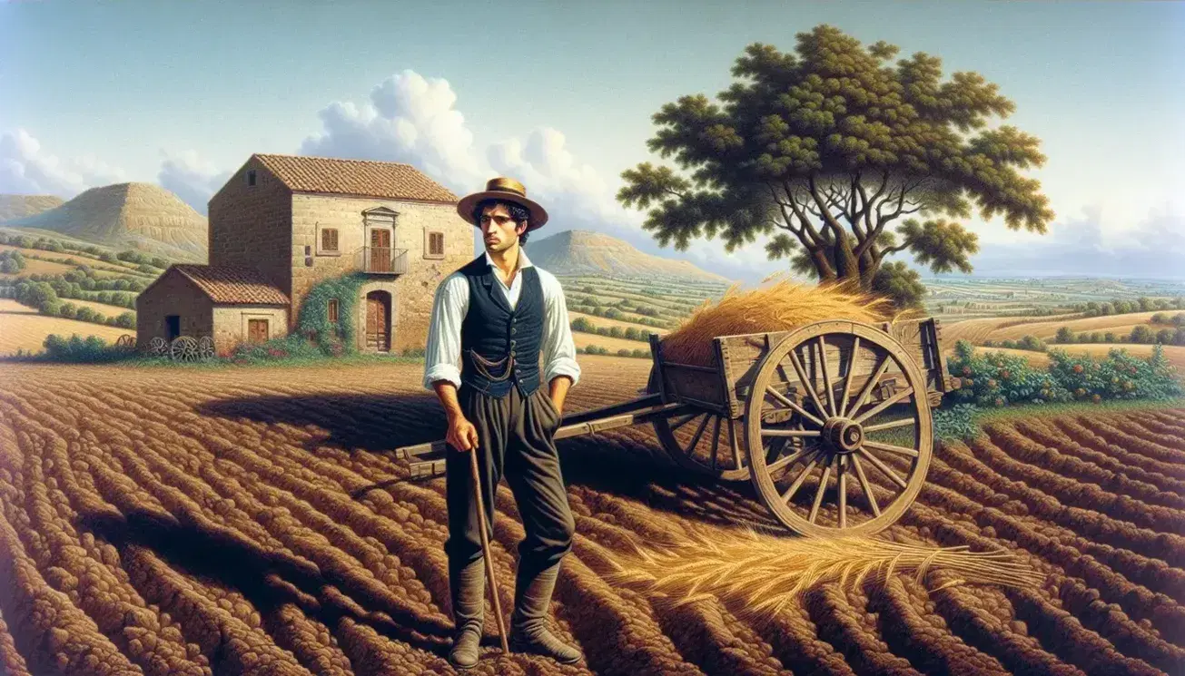 Uomo in abiti d'epoca con cappello di paglia osserva l'orizzonte in una scena rurale siciliana, con campo arato, carro e casa con tetto rosso.