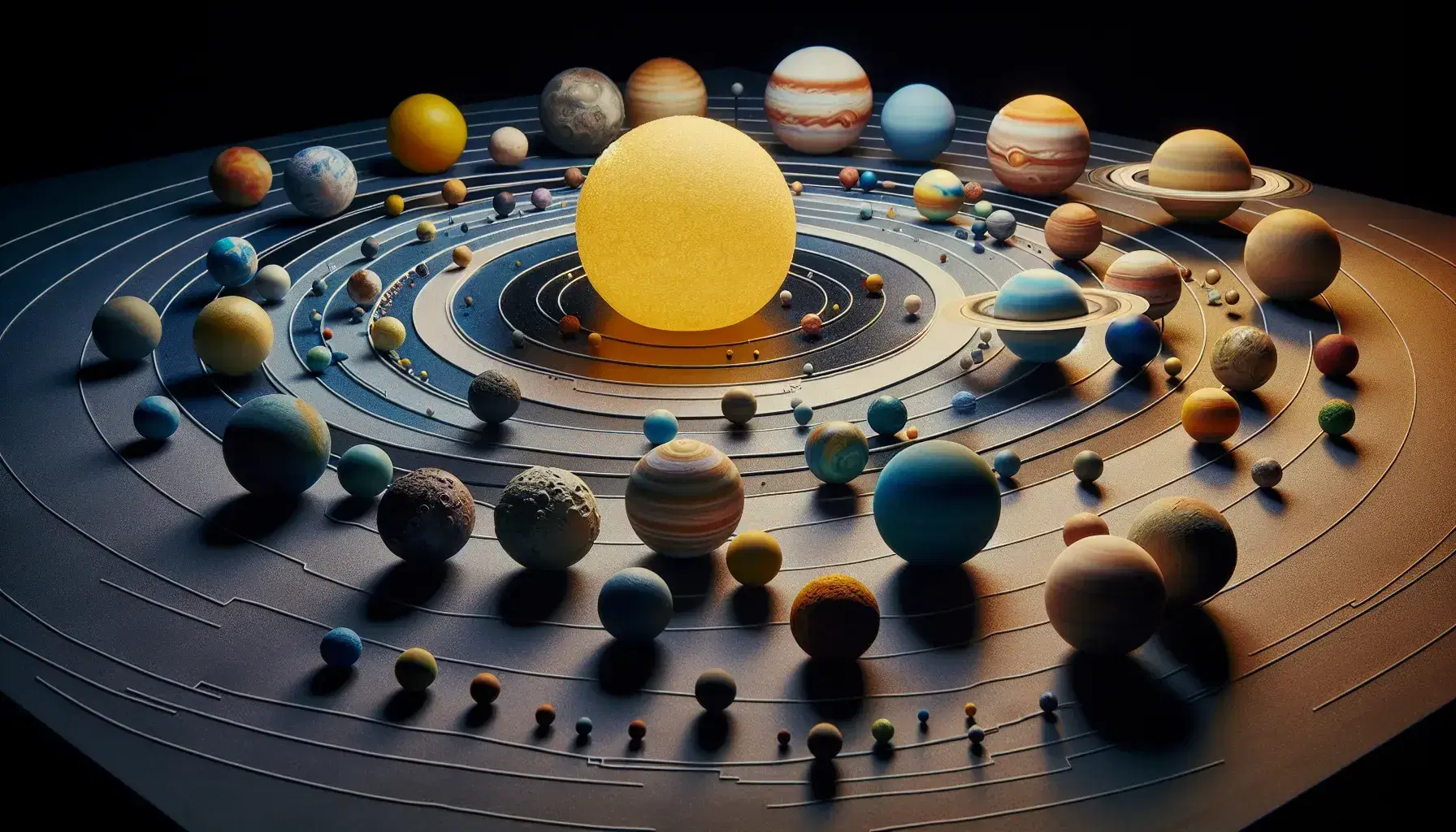 Scale model of the solar system on dark surface with yellow Sun, colorful planets and rings of Saturn, without stars in the background.