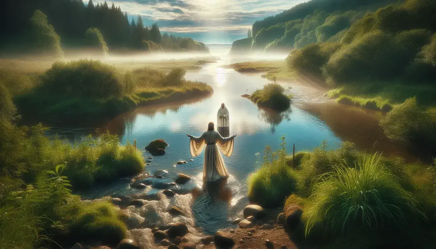 Paisaje natural con río de aguas cristalinas y cielo azul reflejado, dos figuras humanas en ropajes largos, una dentro del agua y otra a punto de entrar, rodeadas de vegetación verde.