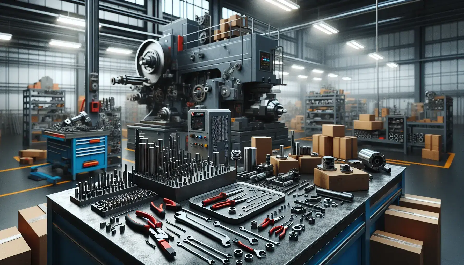 Taller de manufactura con banco de trabajo metálico y herramientas variadas, junto a una máquina industrial azul oscura y estanterías con cajas y contenedores.