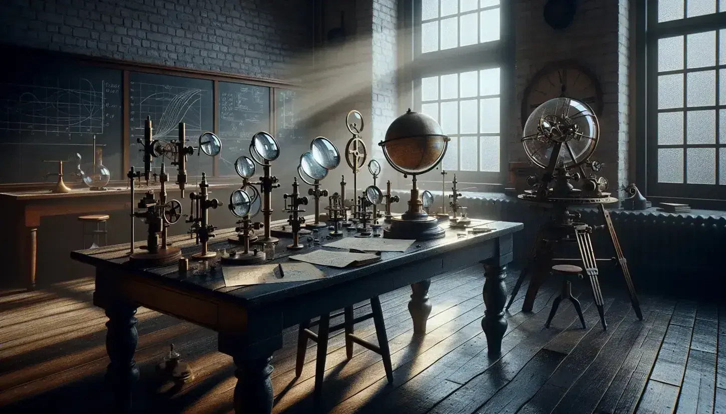 Laboratorio scientifico vintage con strumenti antichi su tavolo in legno, globo terrestre antico e lavagna, in ambiente illuminato naturalmente.