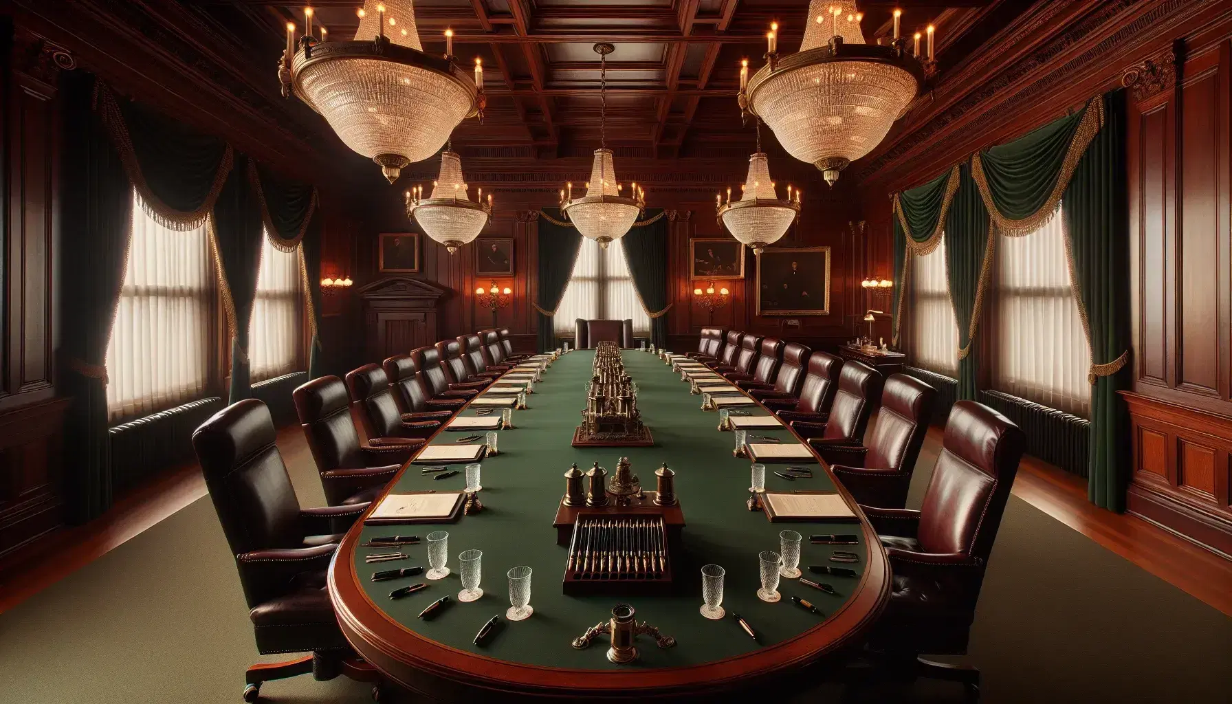 Elegant historical conference room with a green felt-covered oval table, burgundy leather chairs, crystal chandeliers, and wood-paneled walls.