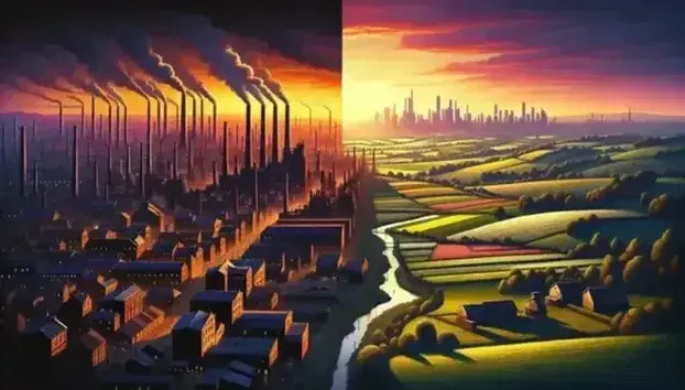 Contrasting landscapes with industrial cityscape, smokestacks at dusk on left, and peaceful, sunlit rolling hills with a stream on the right.