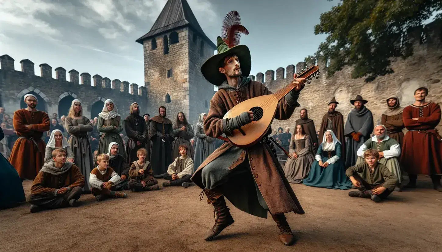 Jugador medieval con túnica marrón y sombrero verde tocando laúd ante público variado, con castillo de fondo en día soleado.