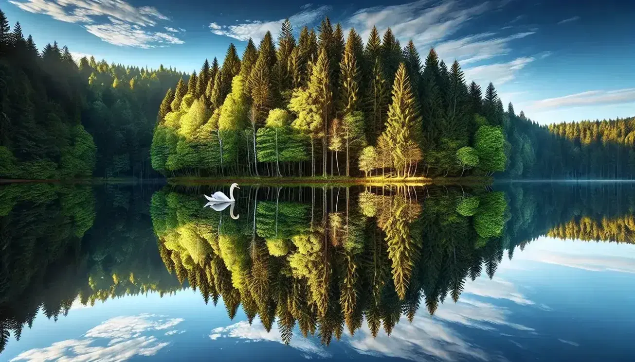 Serene lake with still water mirroring a dense forest and a graceful swan, under a clear blue sky, showcasing natural symmetry.