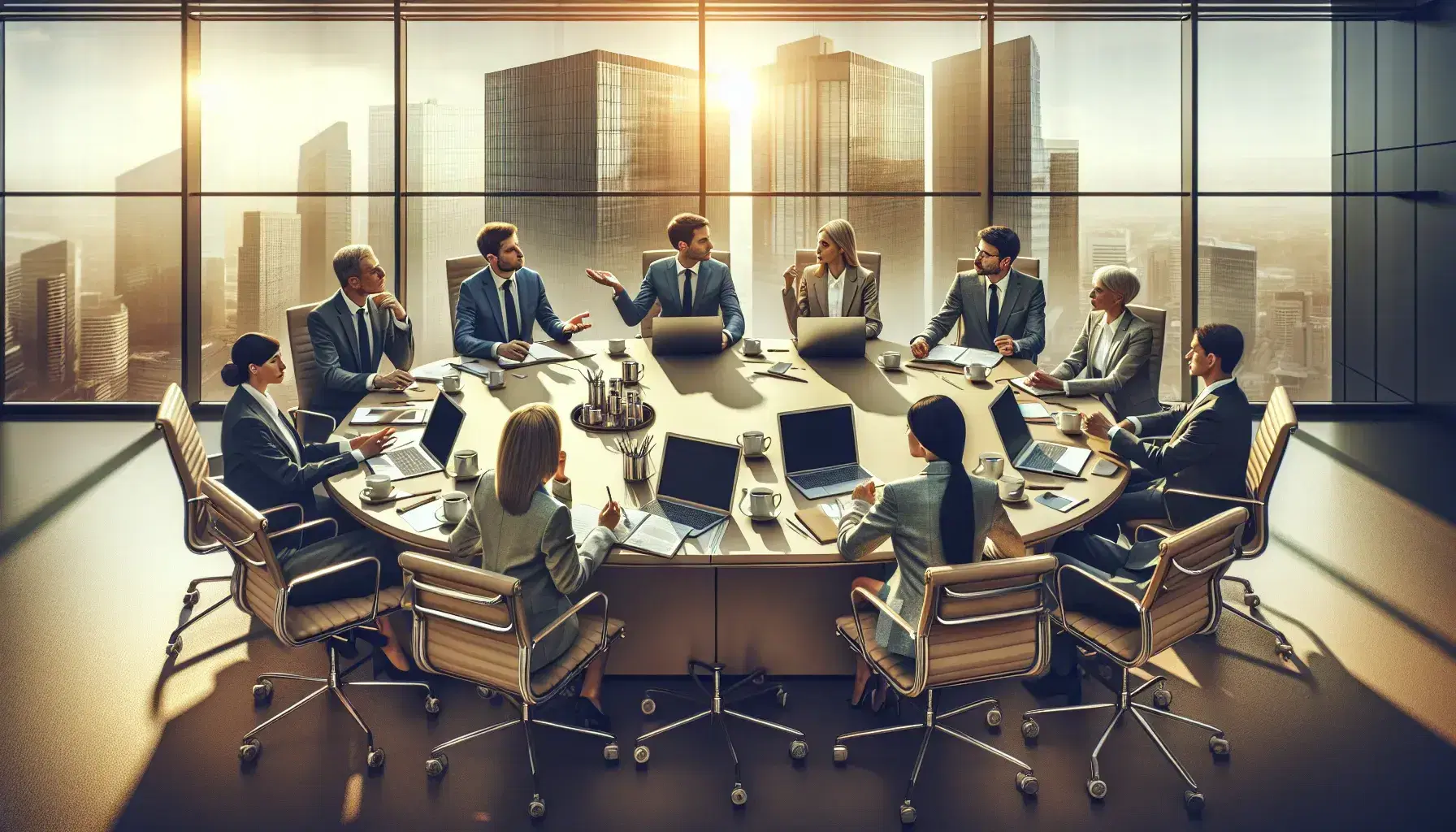 Gruppo di cinque professionisti in riunione attorno a un tavolo ovale in una sala conferenze luminosa con vista sulla città.