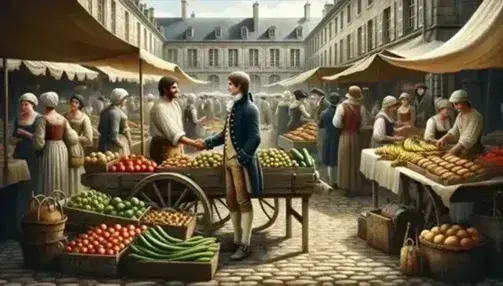 18th-century French marketplace scene with a farmer and merchant shaking hands, fresh produce cart, bustling stalls with bread, meat, and textiles.