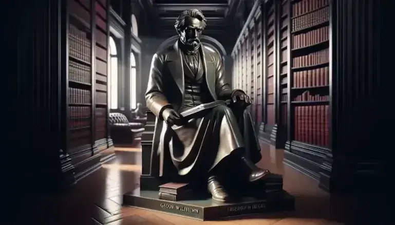 Statua in bronzo di filosofo pensieroso seduto con libro aperto e penna, in biblioteca classica con scaffali di libri in pelle.