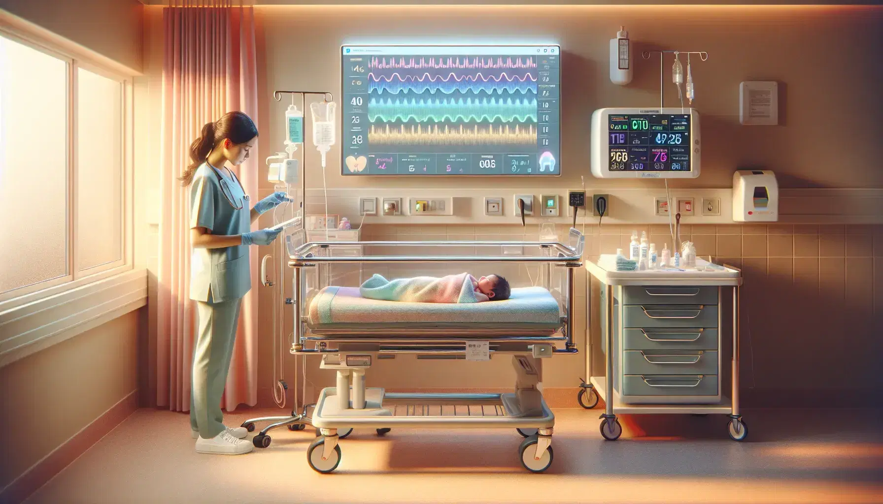 Habitación de hospital con luz suave, enfermera ajustando monitor de signos vitales junto a cuna transparente con bebé recién nacido dormido y mesa con utensilios médicos.