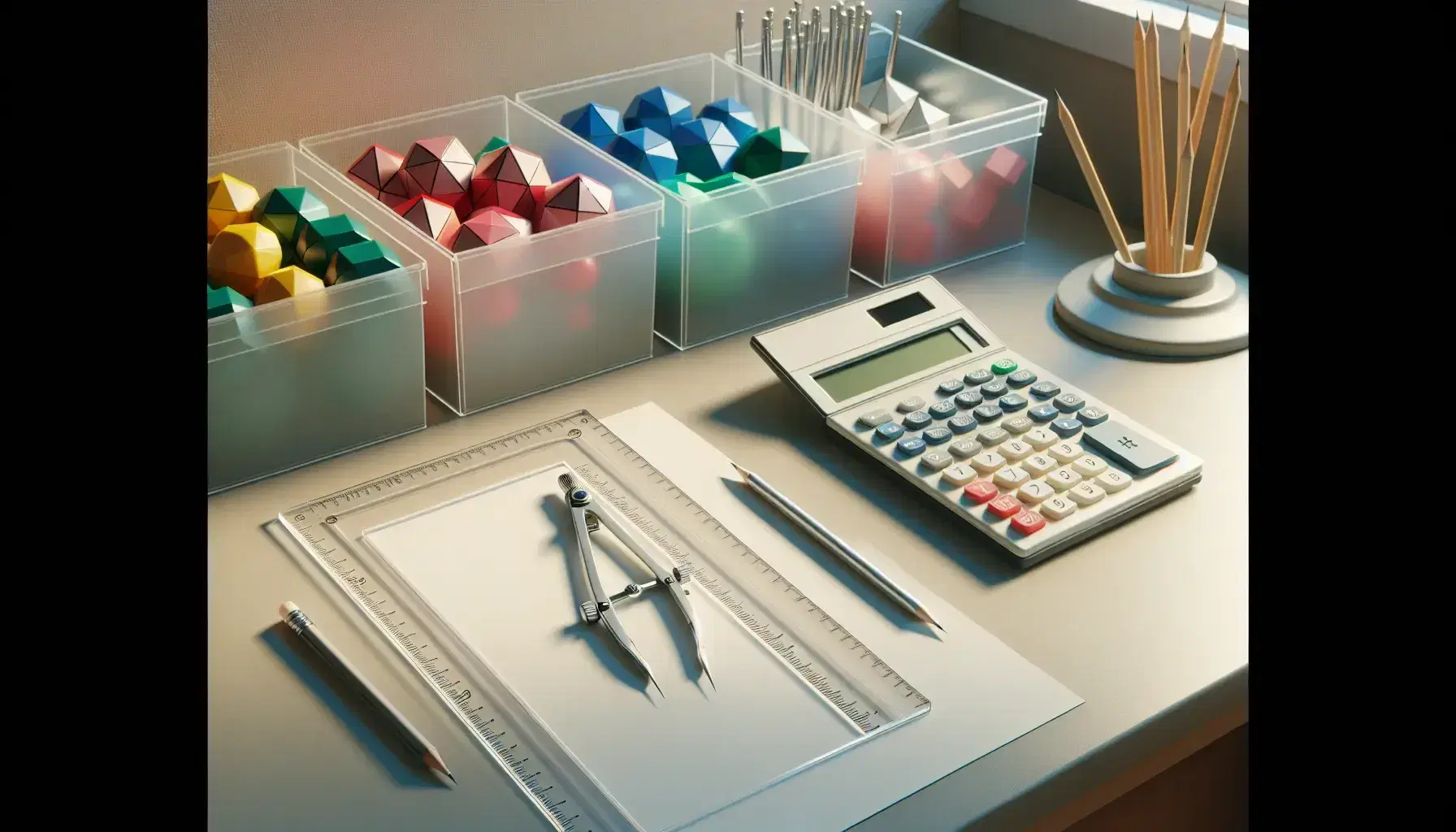 Organized classroom desk with transparent ruler, steel compass, mechanical pencil, blank sheets and manual calculator, background with containers of colorful geometric shapes.