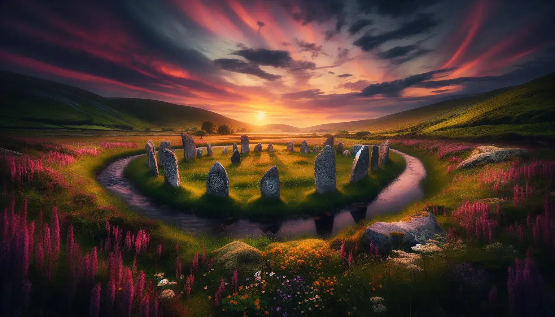 Serene Irish meadow at dusk with wildflowers, a meandering stream, ancient standing stones, rolling hills, and a vibrant sunset sky.