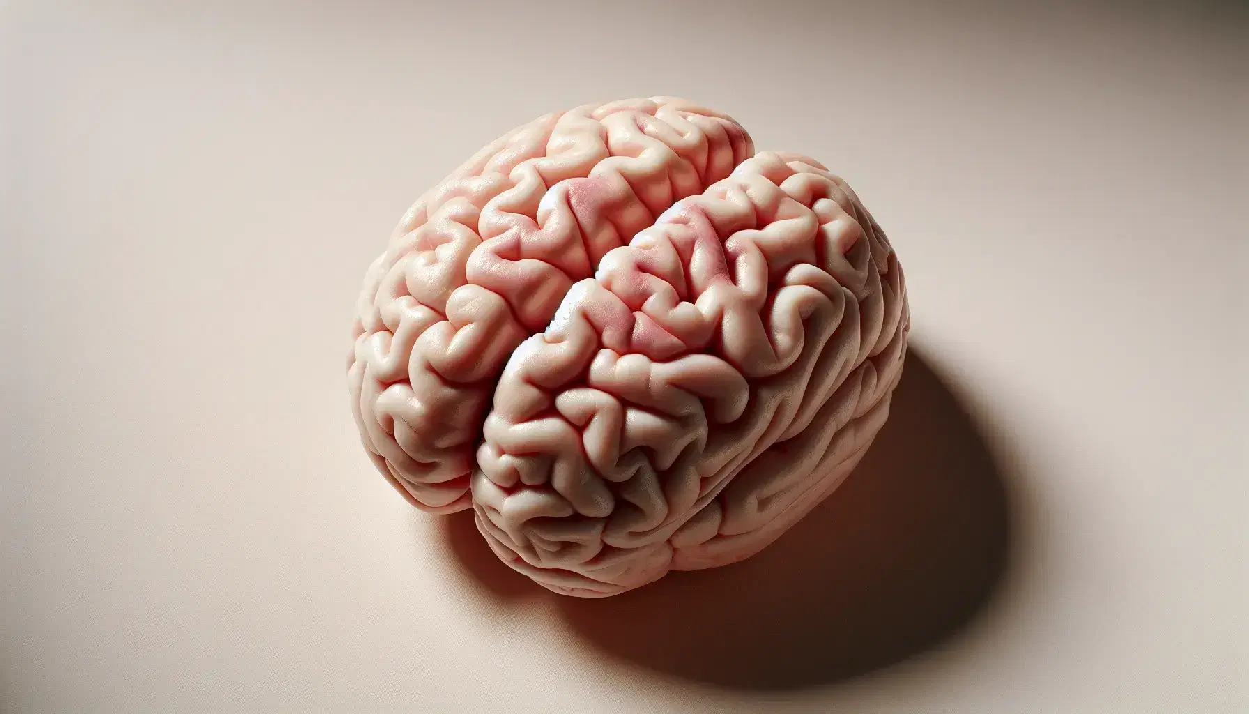 Vista superior de un modelo anatómico tridimensional del cerebro humano, mostrando la corteza cerebral y la división simétrica de los hemisferios.