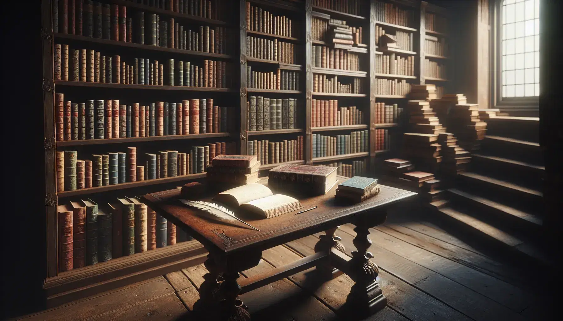 Biblioteca antigua con estantes de madera oscura llenos de libros coloridos, mesa con libro abierto y pluma de ave, iluminada por luz cálida.
