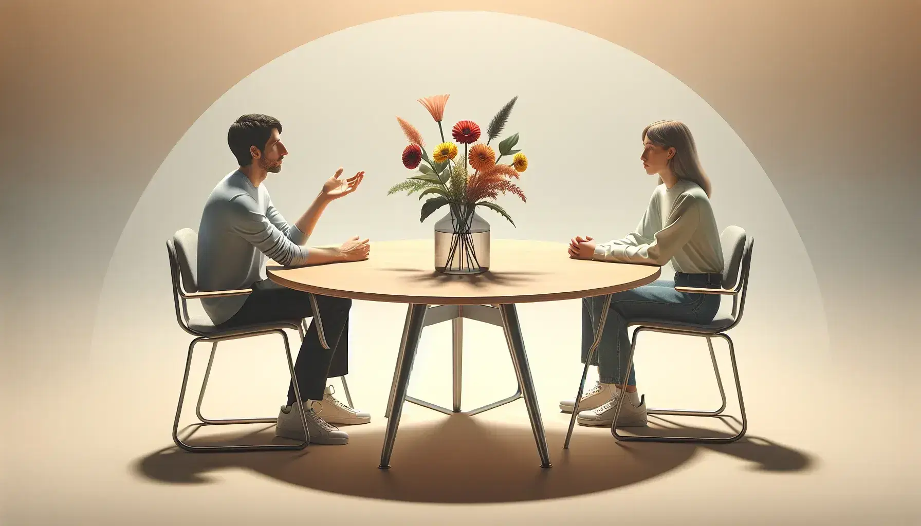 Tres personas conversan sentadas alrededor de una mesa redonda de madera con un jarrón de flores coloridas, en un ambiente iluminado naturalmente.