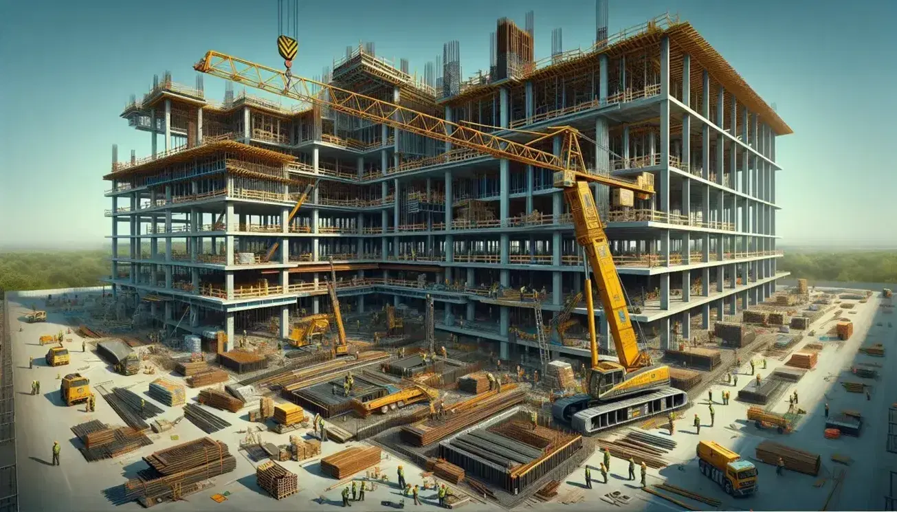 Construction site with towering yellow crane, workers in safety gear, steel framework of a building under clear blue sky.