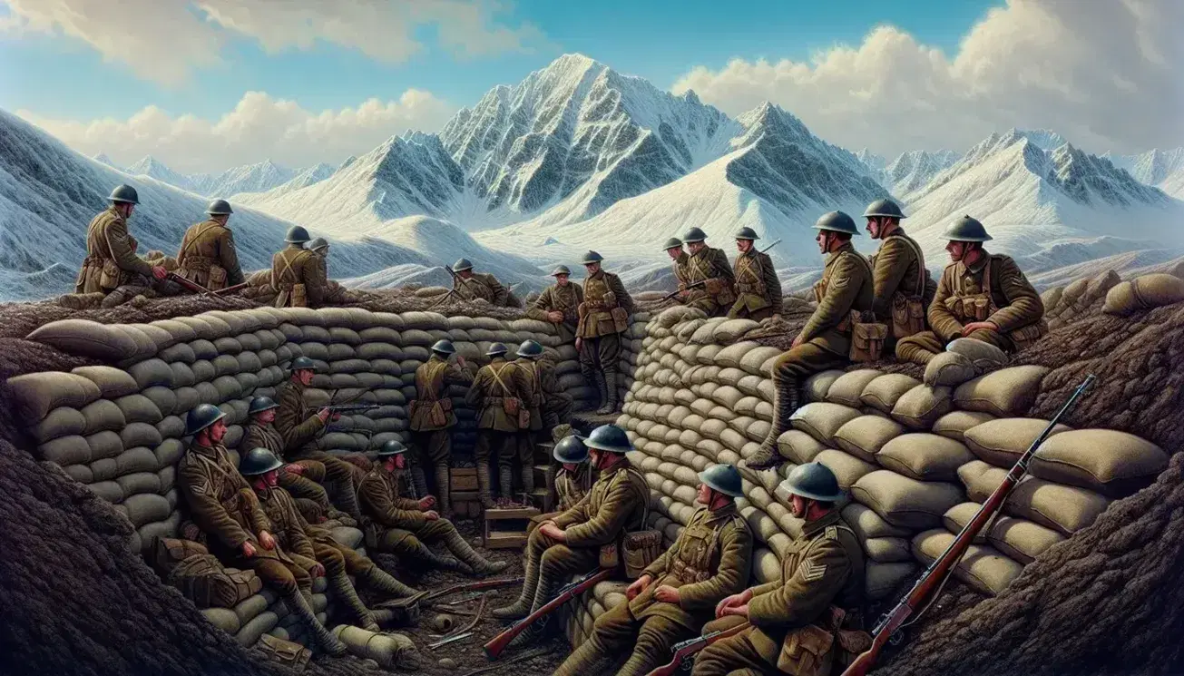 Paesaggio montano con cime innevate, trincea rinforzata da sacchi di sabbia e soldati in uniforme militare d'epoca osservano l'orizzonte.