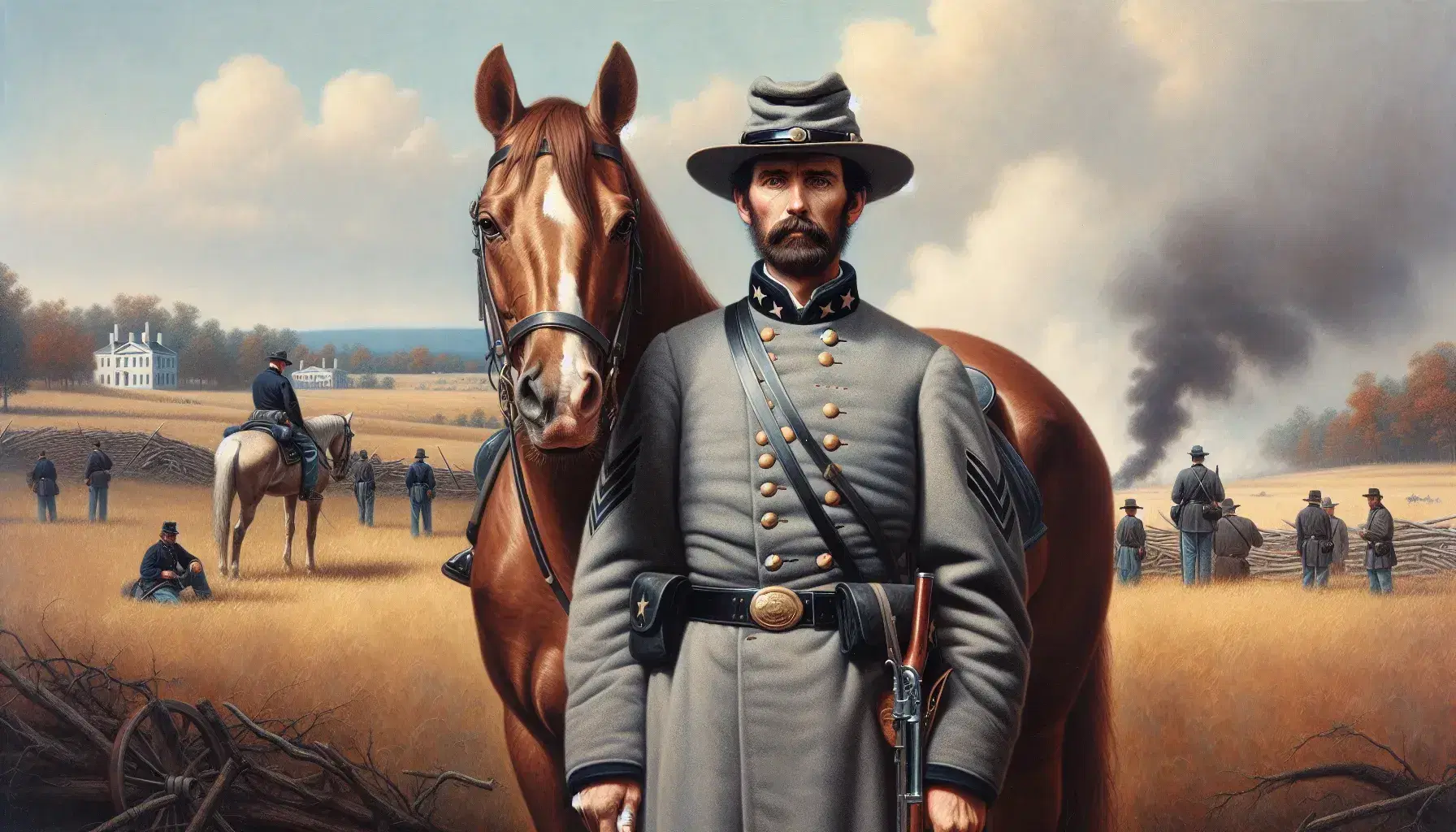 Confederate soldier in gray uniform with kepi cap stands beside a chestnut horse, with a smoky Civil War battlefield in the background.