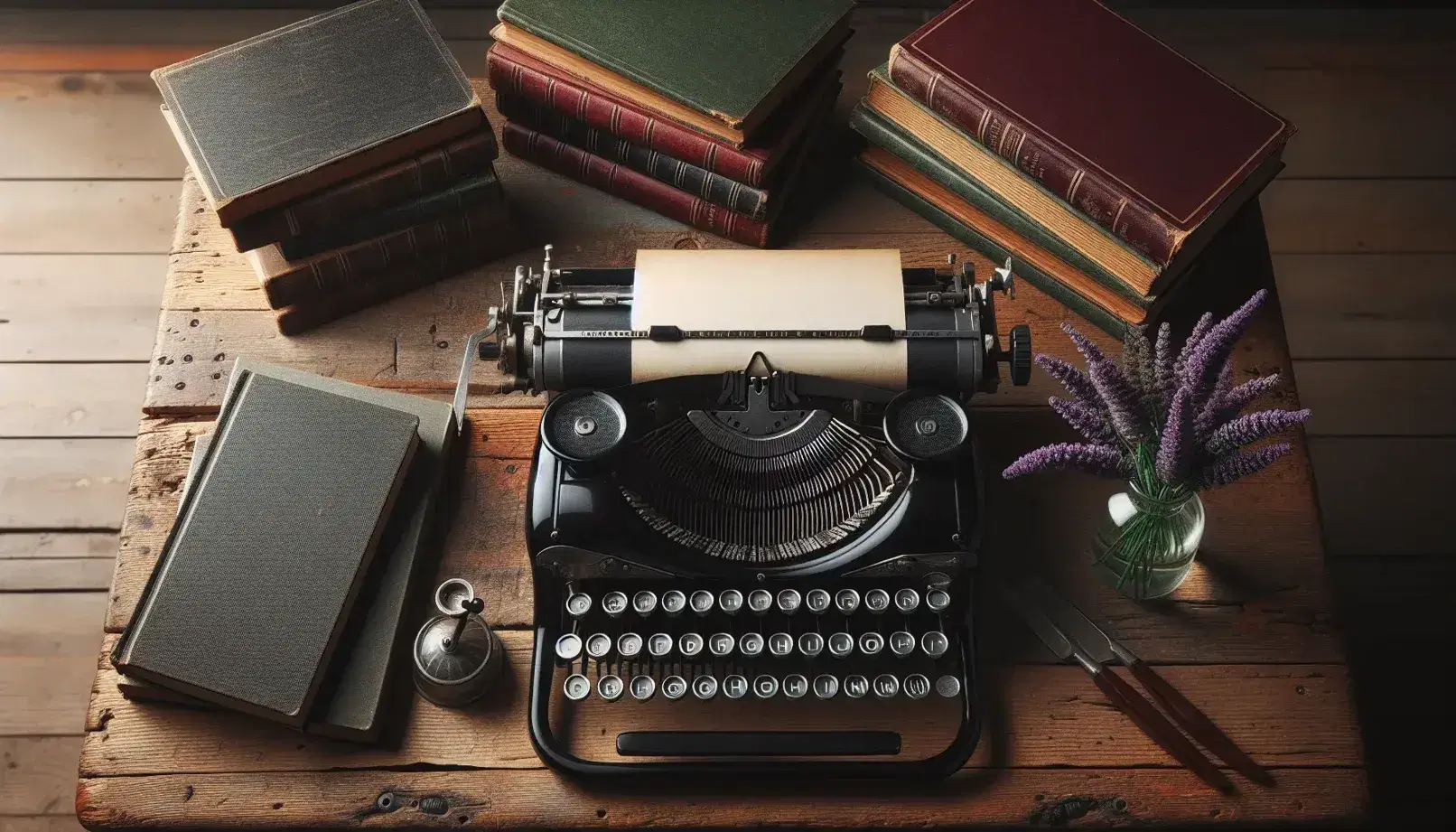 Vintage typewriter on wooden desk with blank paper, flanked by a stack of antique books and a vase of lavender and daisies.