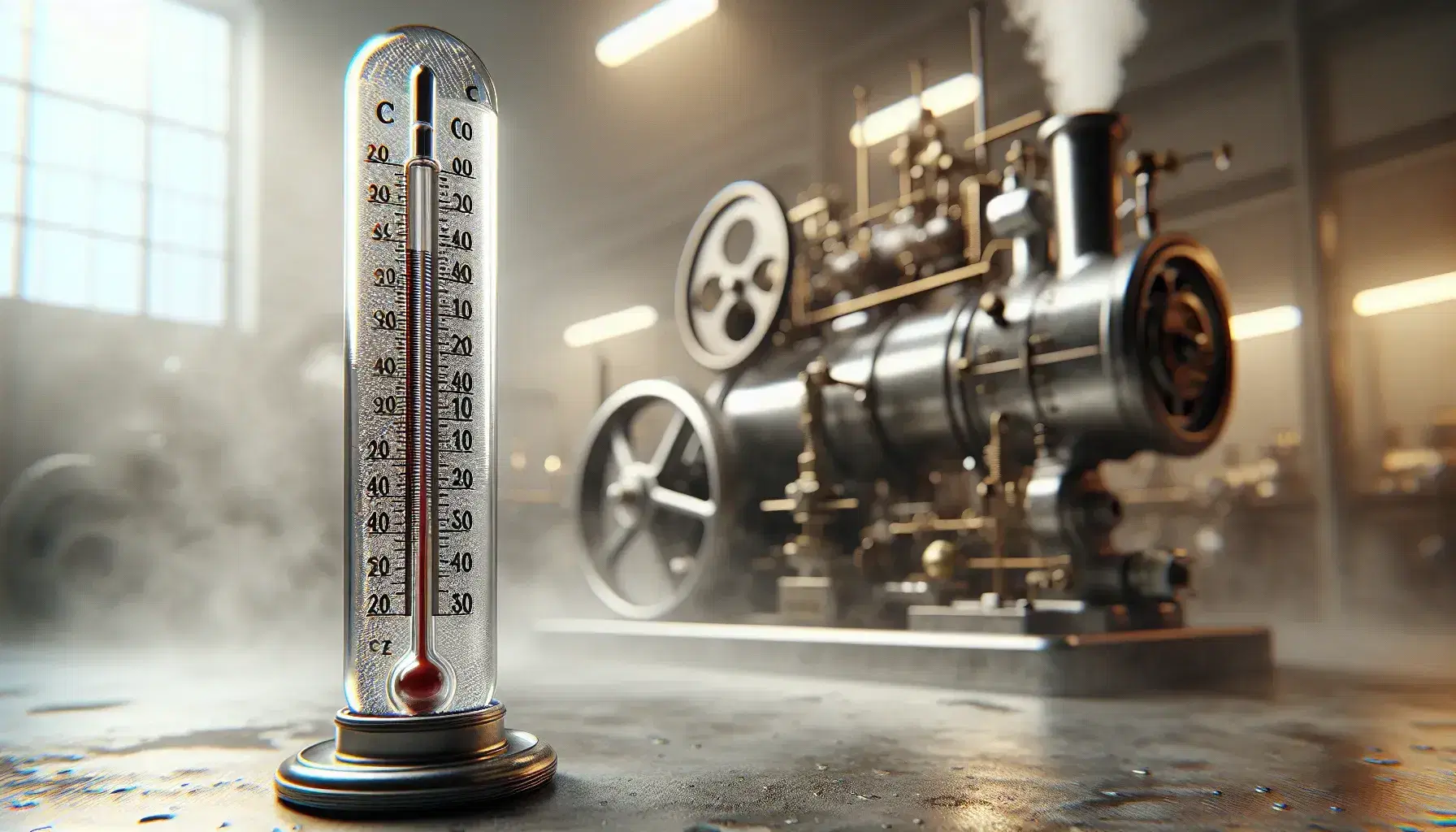 Termometro a mercurio che indica la temperatura ambiente con sfondo sfocato di una locomotiva a vapore d'epoca in un ambiente che sembra un laboratorio o museo.