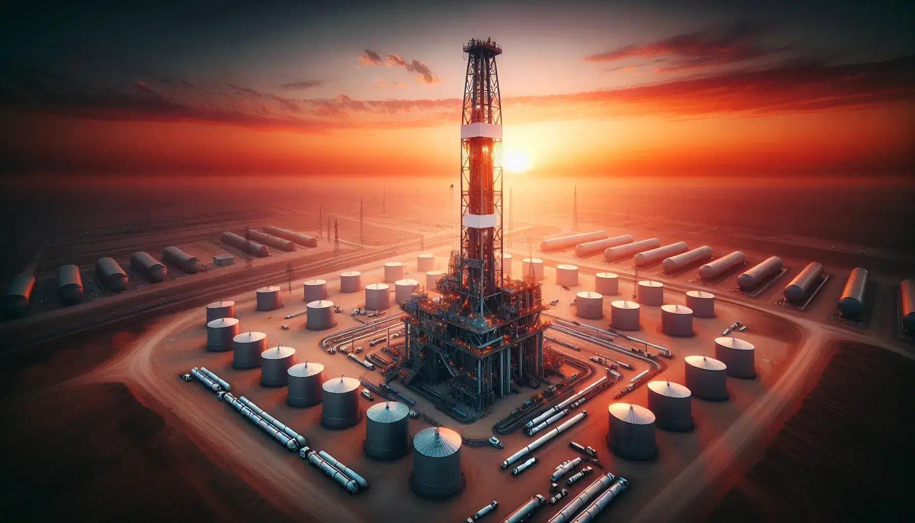 Vista aérea de campo petrolífero al atardecer con torre de perforación, tanques de almacenamiento y camiones cisterna reflejando el cielo anaranjado.