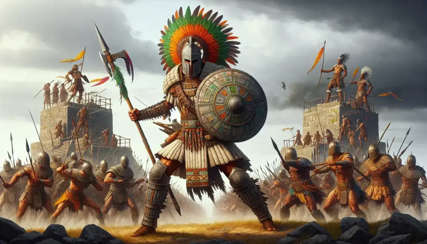 Guerrero indígena con armadura de algodón y plumas enfrenta a conquistador con armadura metálica en batalla épica entre ruinas antiguas.