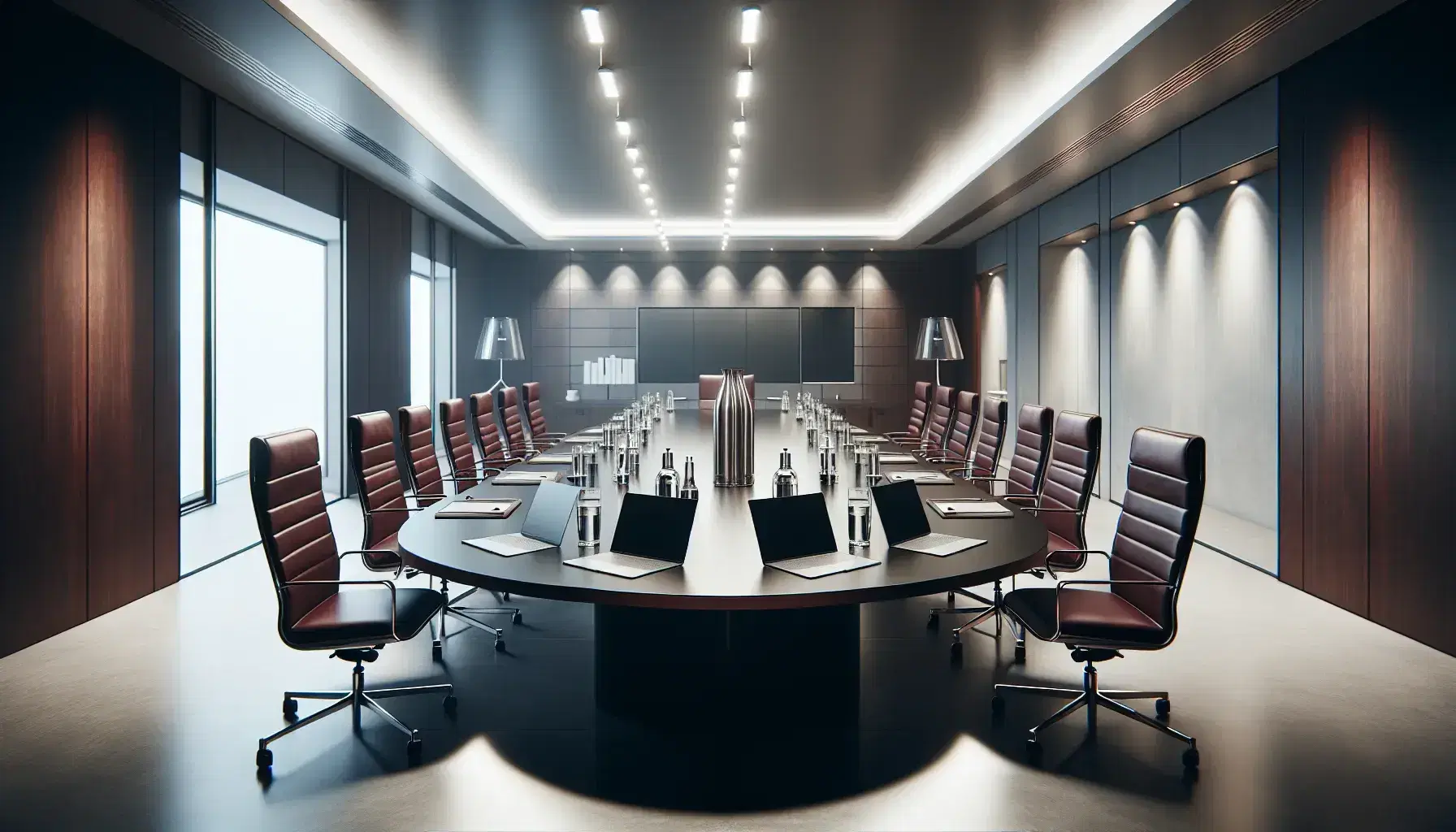 Modern corporate meeting room with oval mahogany table, burgundy leather chairs, laptops, water bottles, and a green potted plant by large windows.