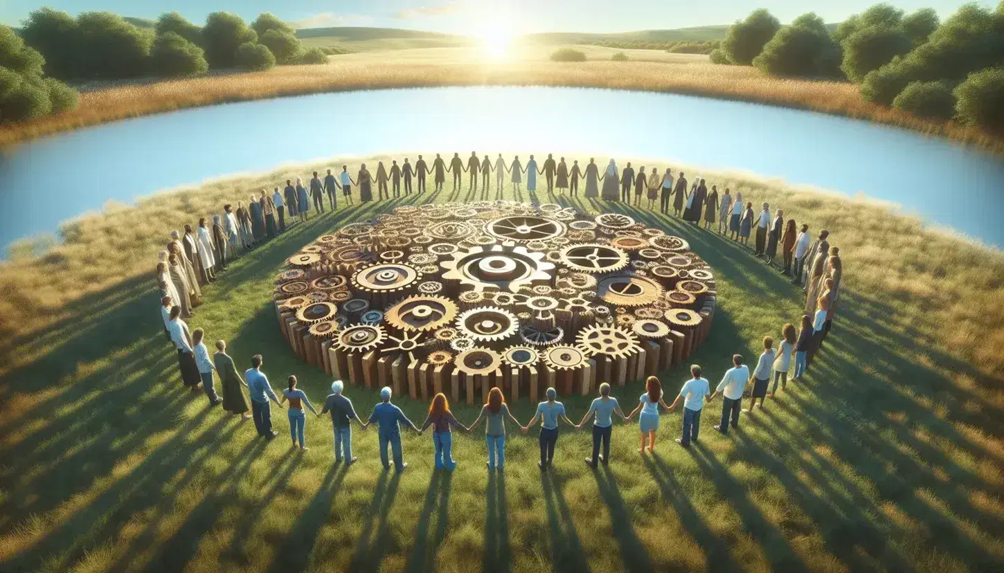 Multi-ethnic group of people of different ages and attires holding hands around wooden gears on a grassy field under a blue sky.