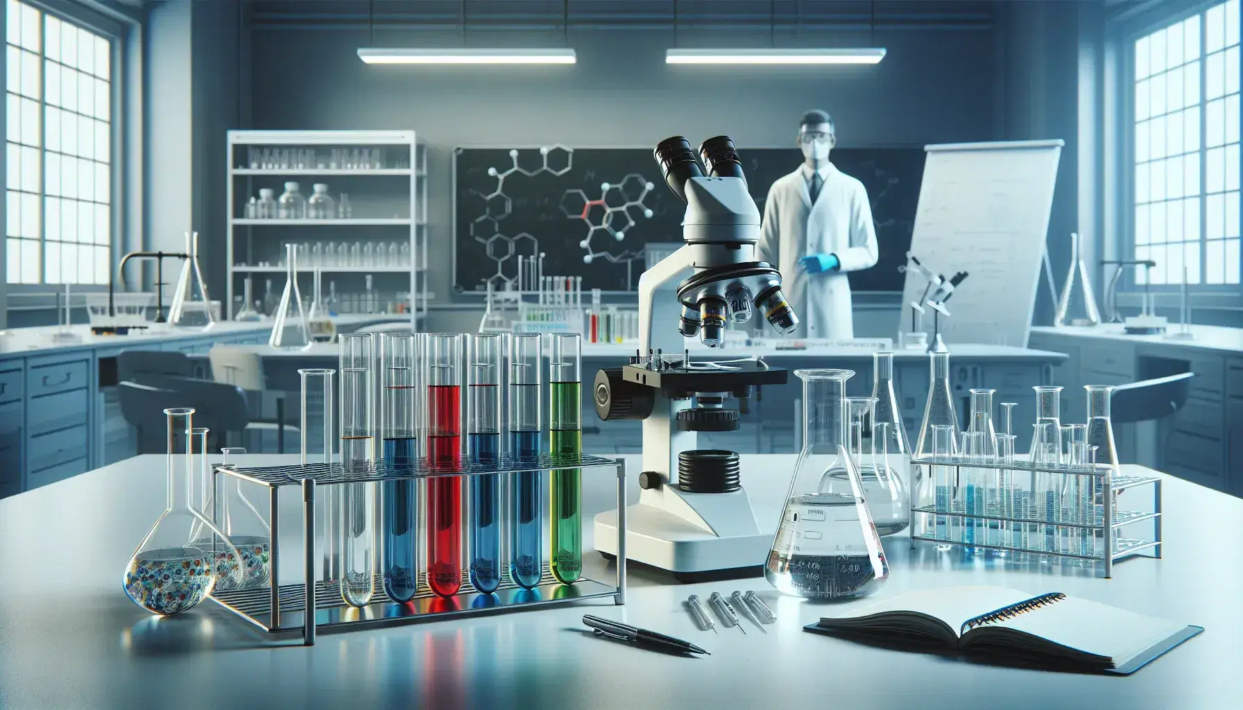 Laboratorio científico con tubos de ensayo de colores en soporte metálico, microscopio moderno y figura de investigador anotando resultados.