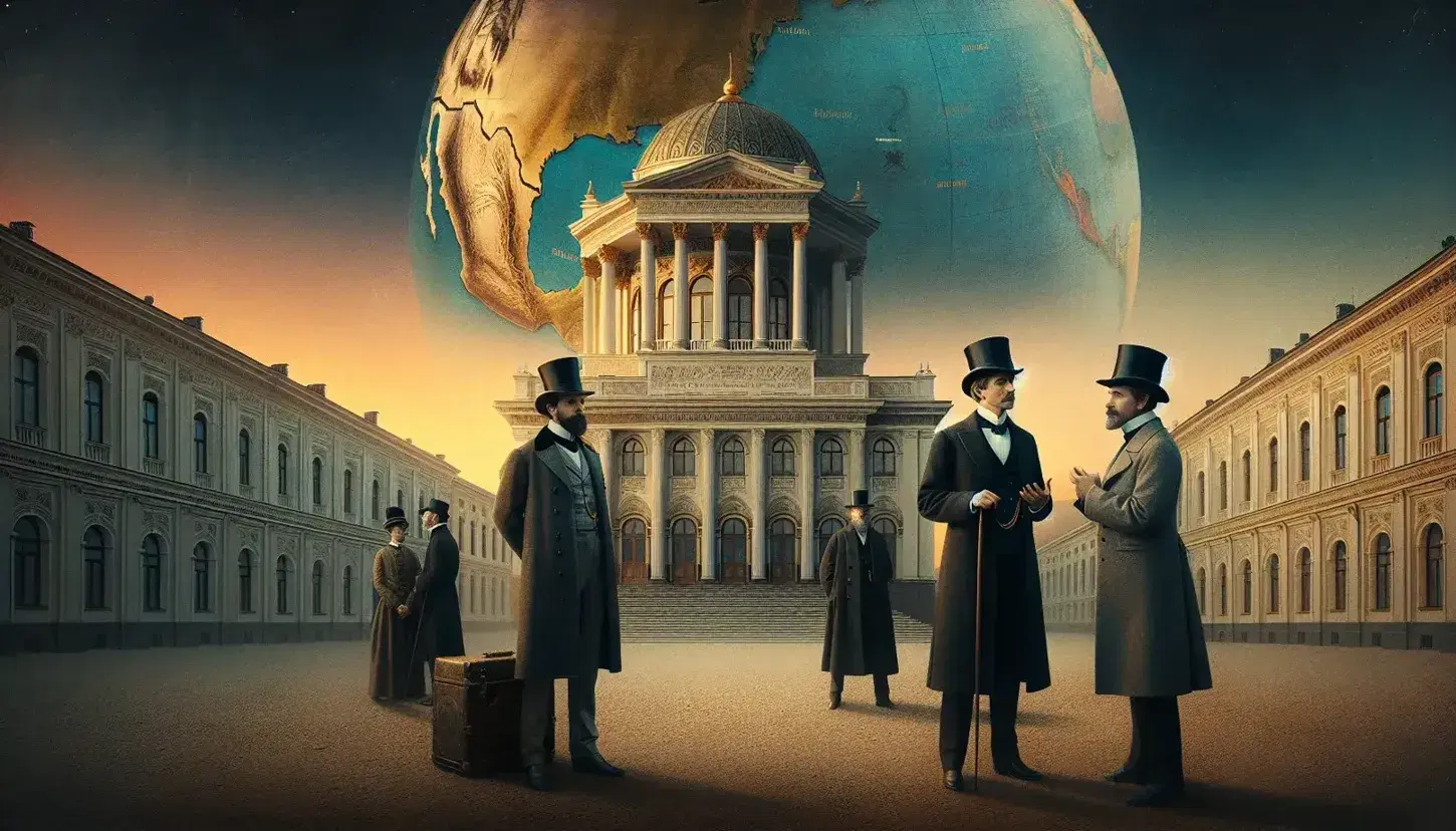 Tre uomini in abiti d'epoca discutono seriamente davanti a un edificio neoclassico, con un globo e una mappa sfocati sullo sfondo.
