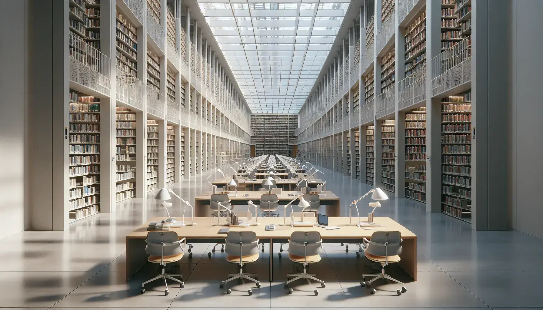 Biblioteca universitaria moderna con scaffali di libri, tavoli di studio in legno chiaro, sedie ergonomiche trasparenti e luce naturale abbondante.