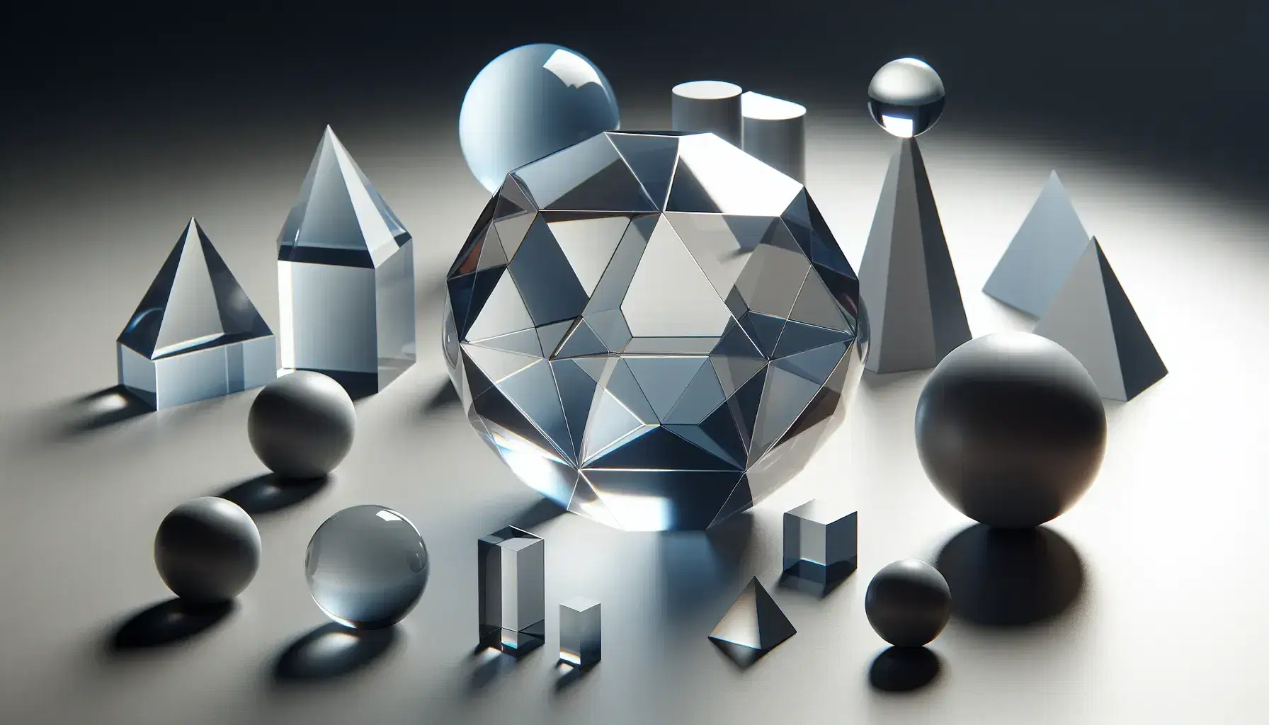 Collection of geometric shapes with a central acrylic dodecahedron, surrounded by a blue sphere, red cone, and yellow cylinder on a neutral surface.