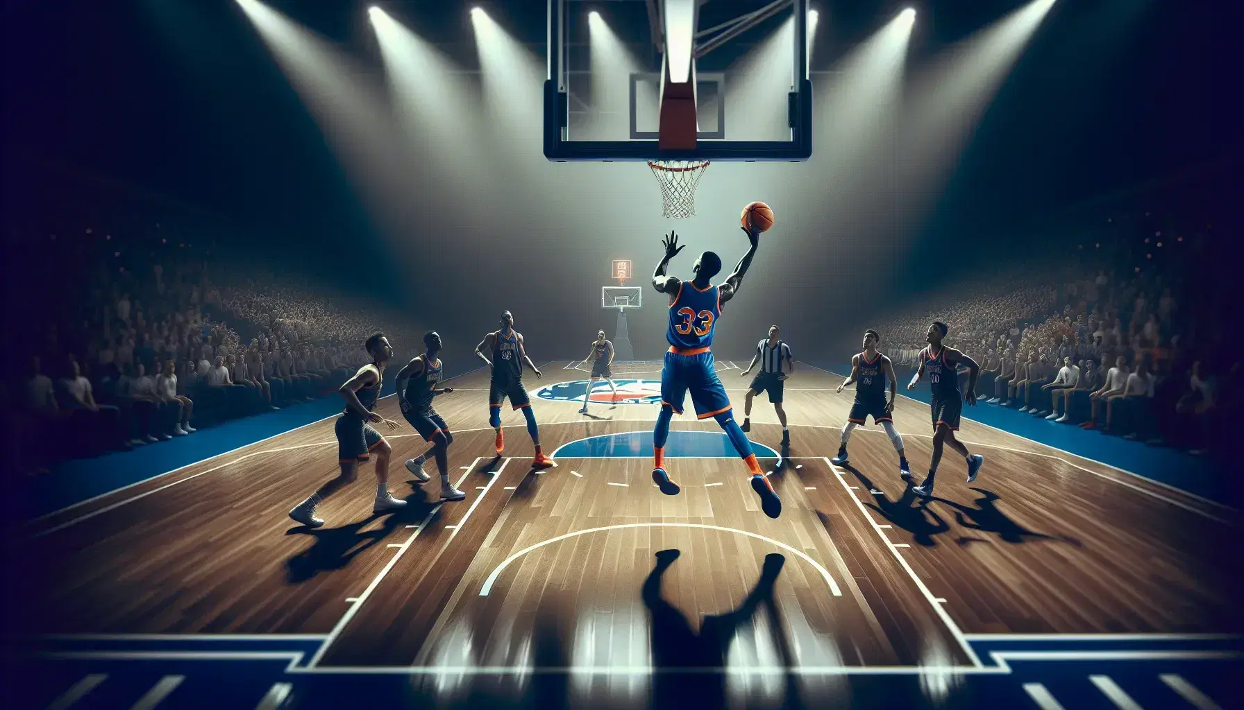 Giocatore di basket in divisa blu e arancione salta per tiro a canestro con palla sospesa, sfondo di campo e tifosi sfocati.