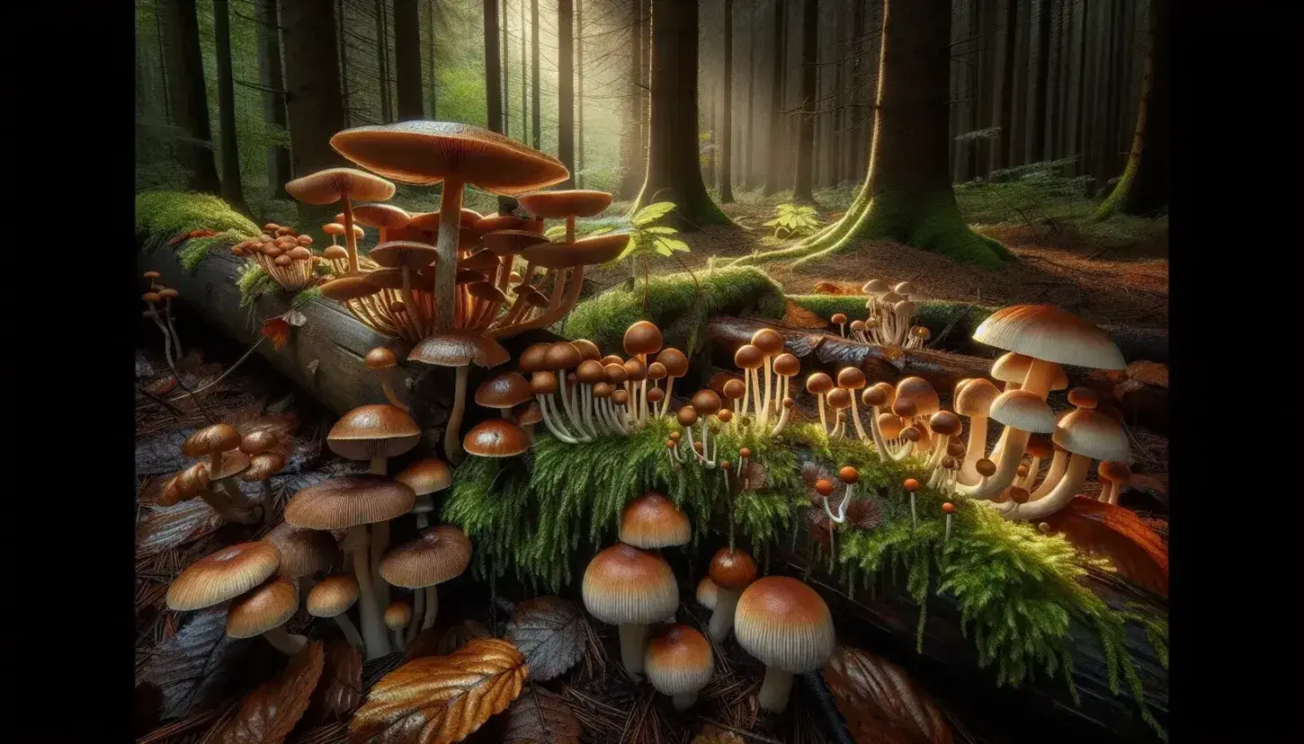 Varietà di funghi in una foresta umida, con un grosso fungo marrone chiaro al centro, circondato da altri più piccoli e un tronco muschioso con funghi bianchi.